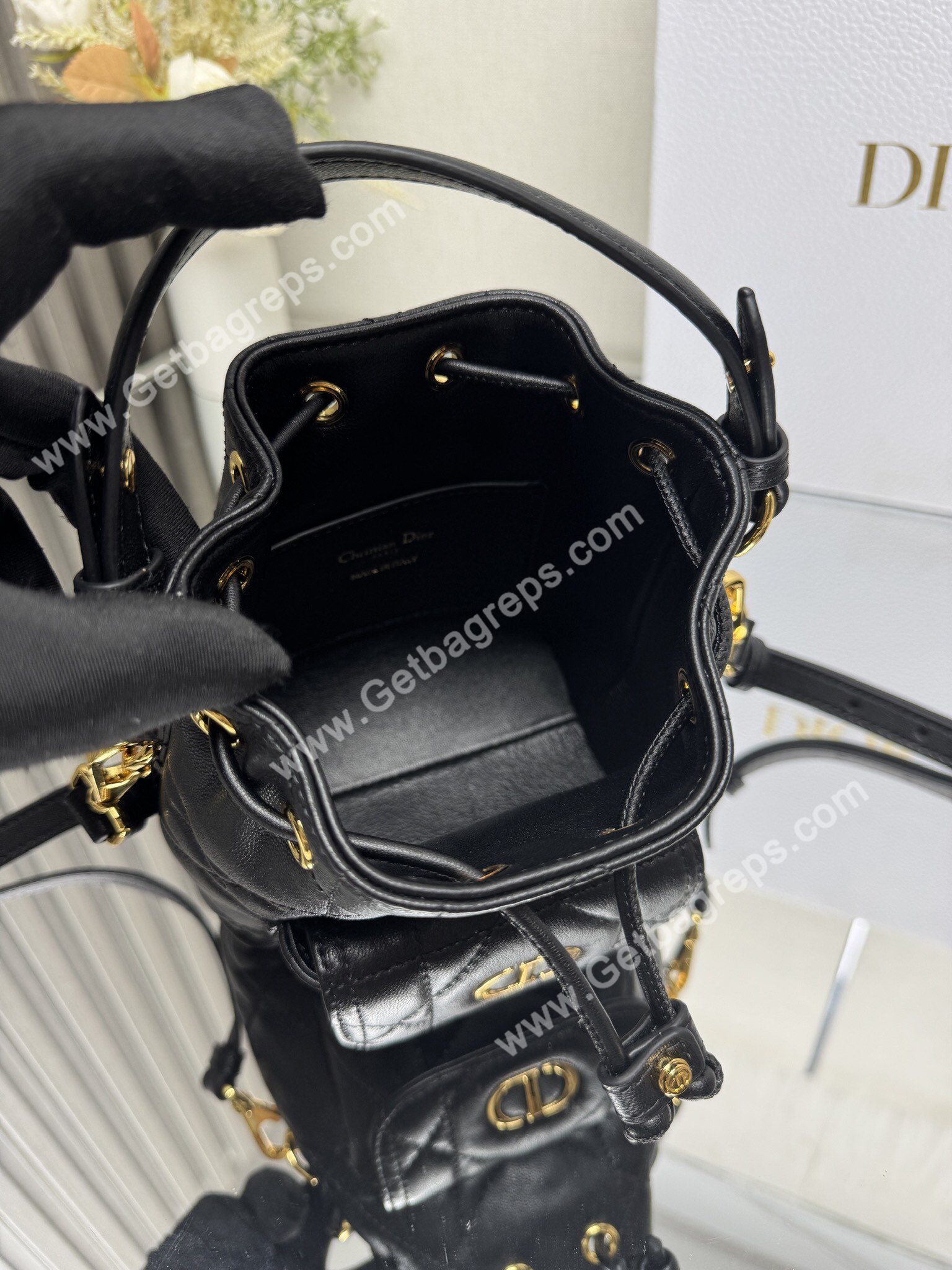 Small Dior Caro Bucket Bag Black