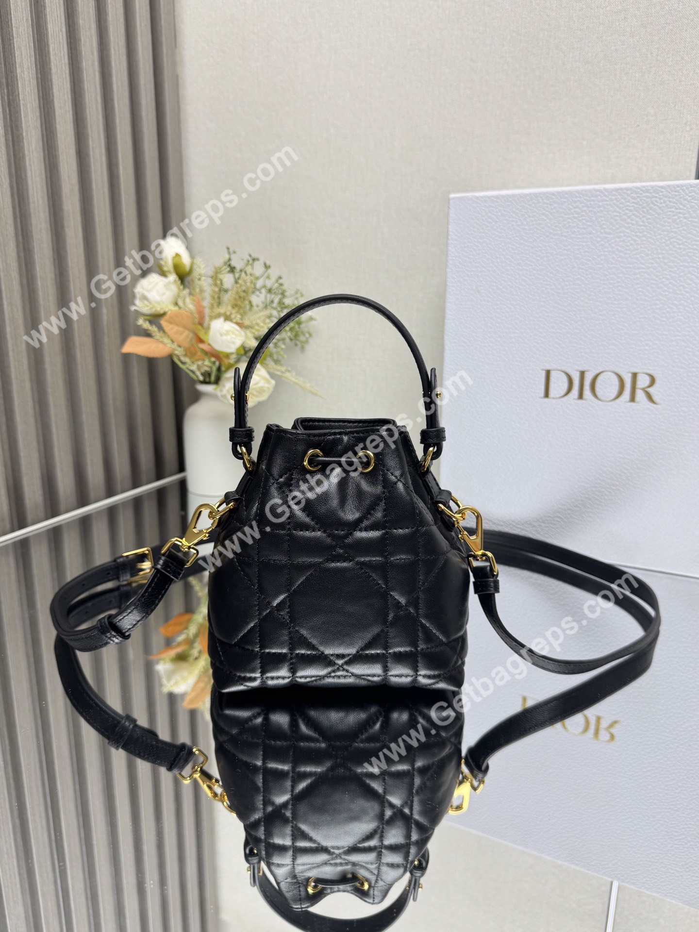 Small Dior Caro Bucket Bag Black