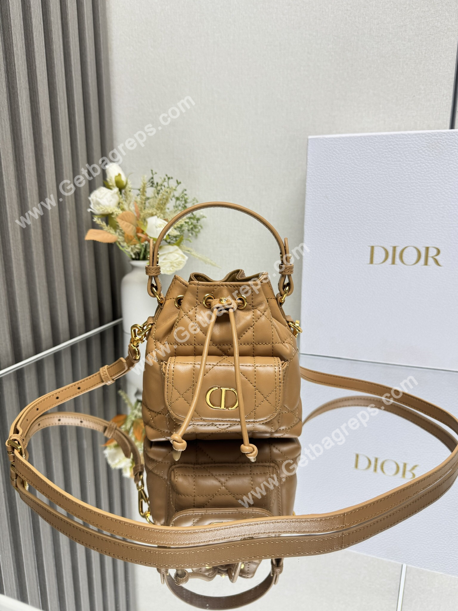 Small Dior Caro Bucket Bag Light Gold