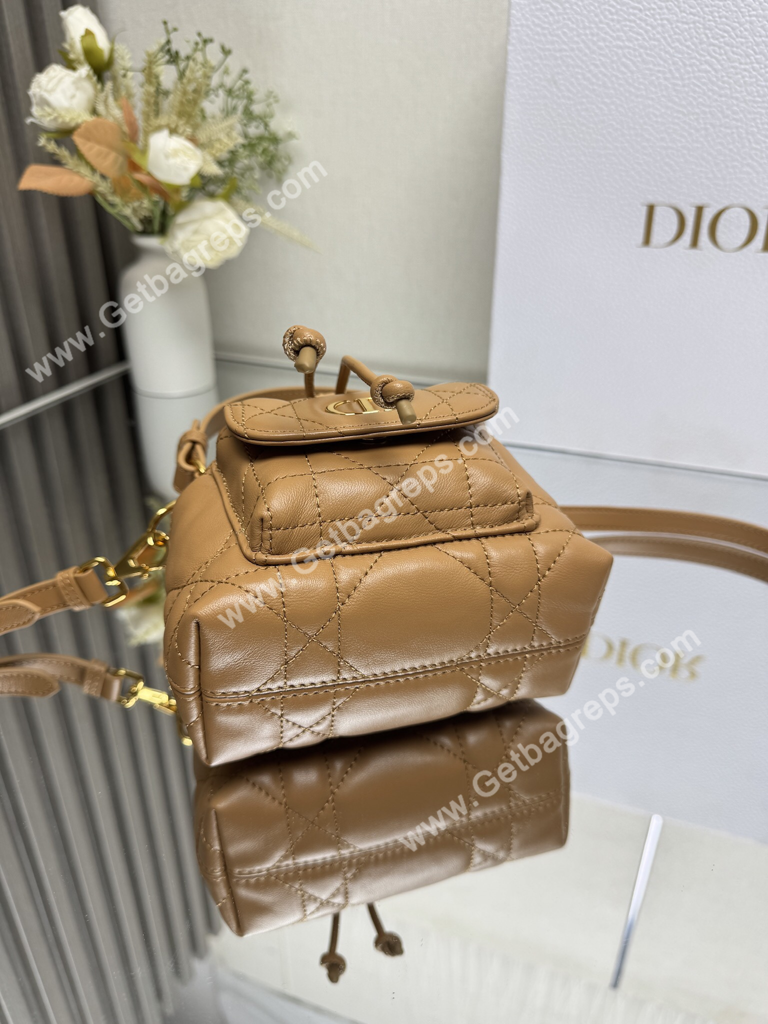 Small Dior Caro Bucket Bag Light Gold