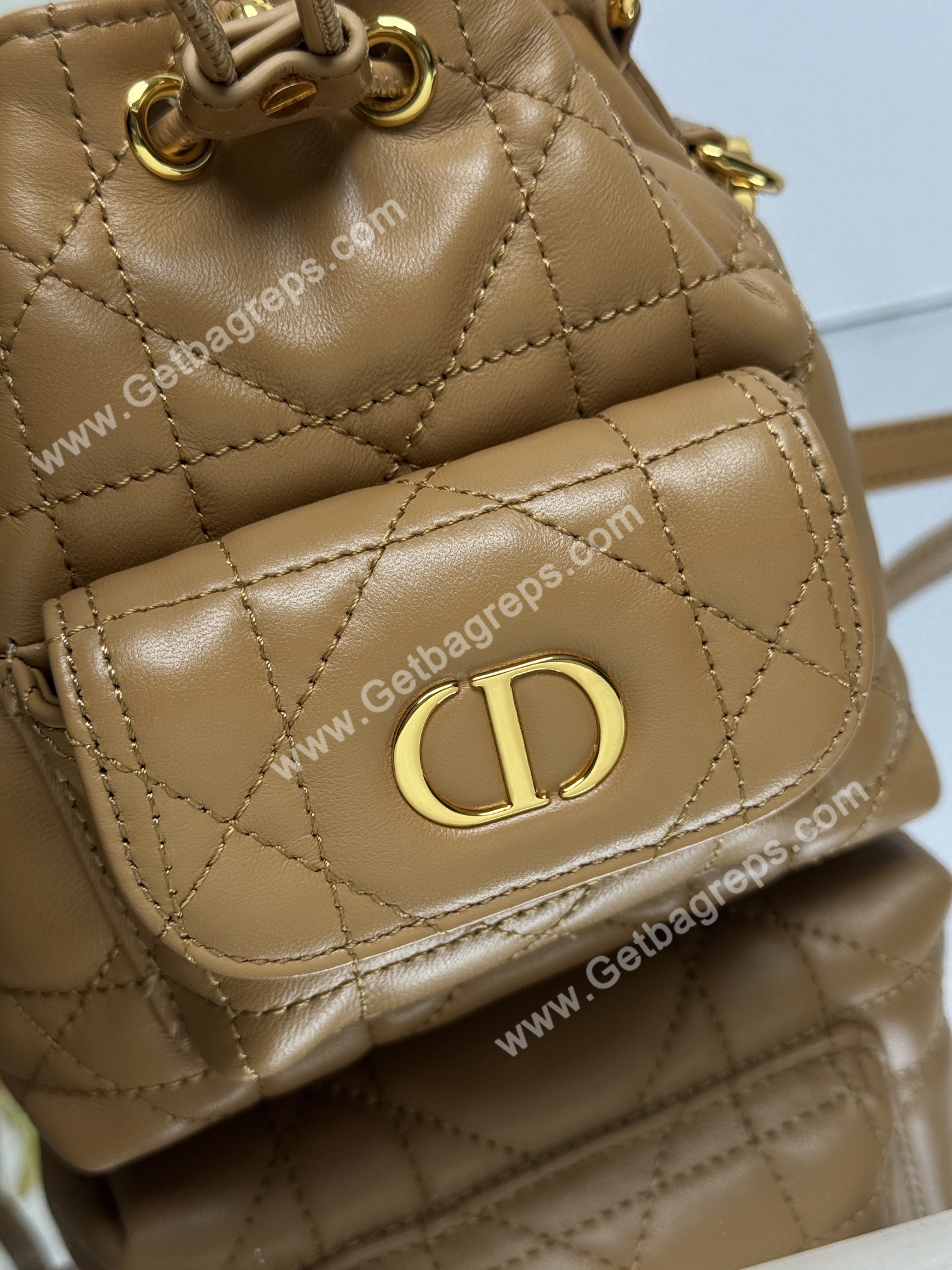 Small Dior Caro Bucket Bag Light Gold