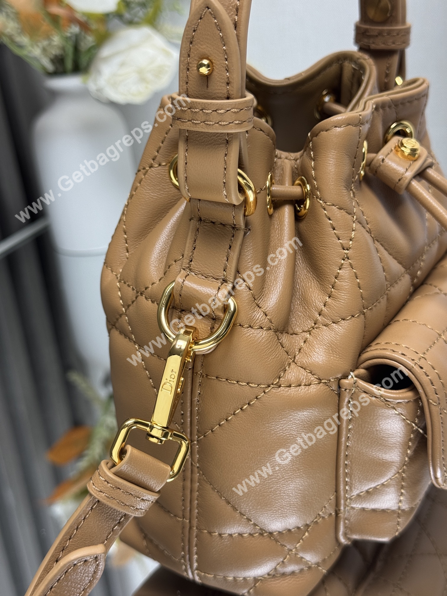Small Dior Caro Bucket Bag Light Gold