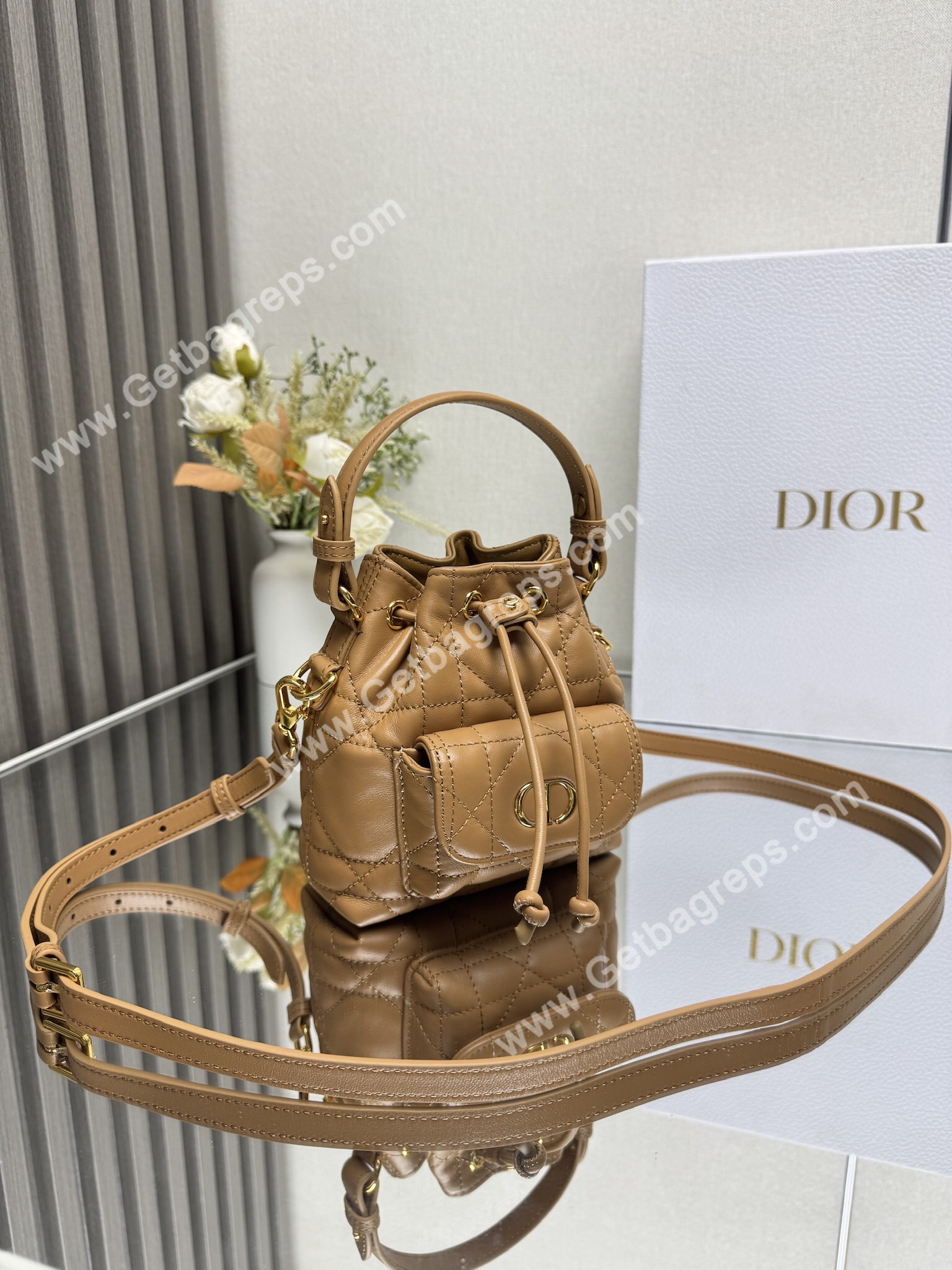 Small Dior Caro Bucket Bag Light Gold
