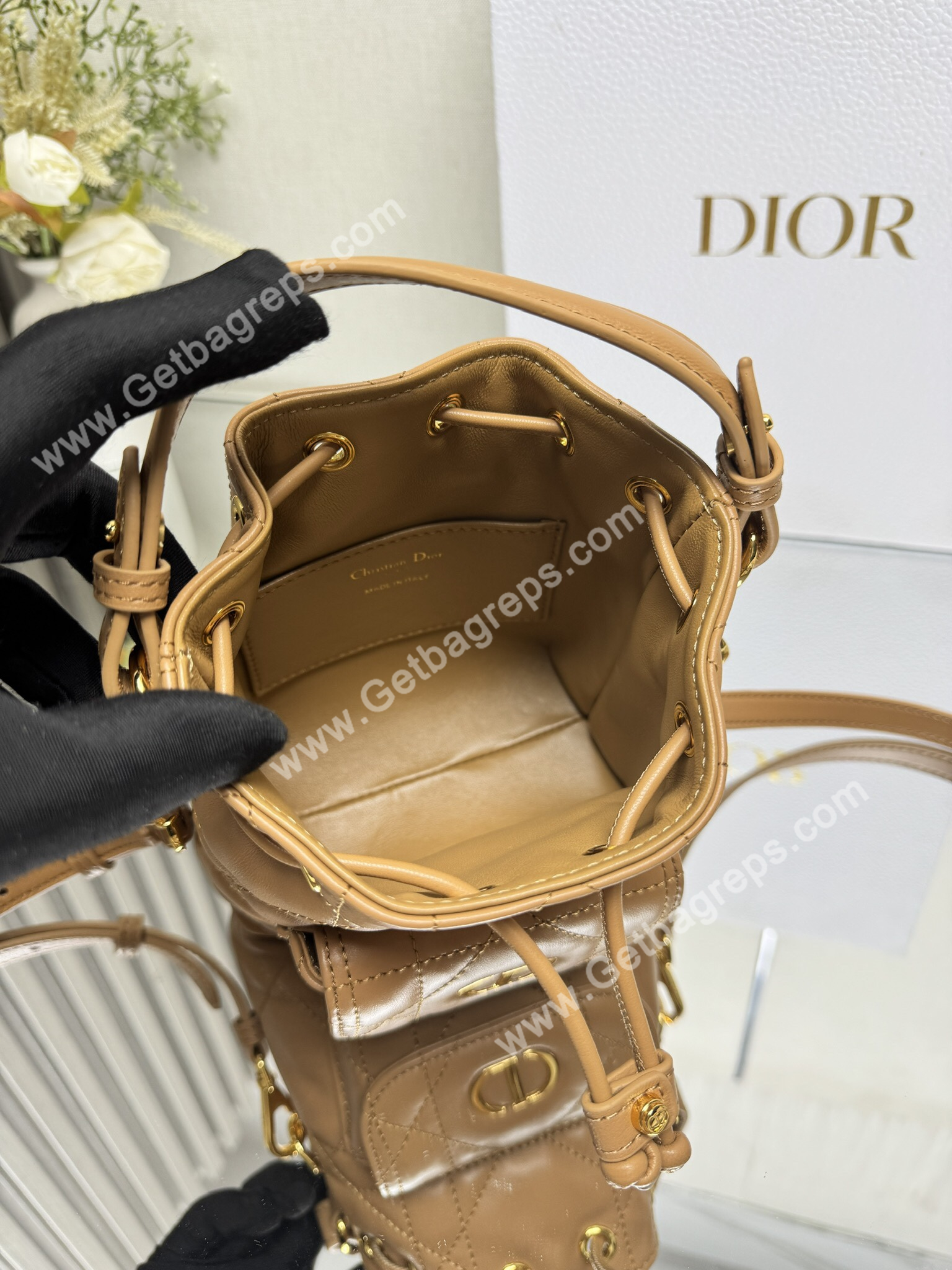 Small Dior Caro Bucket Bag Light Gold