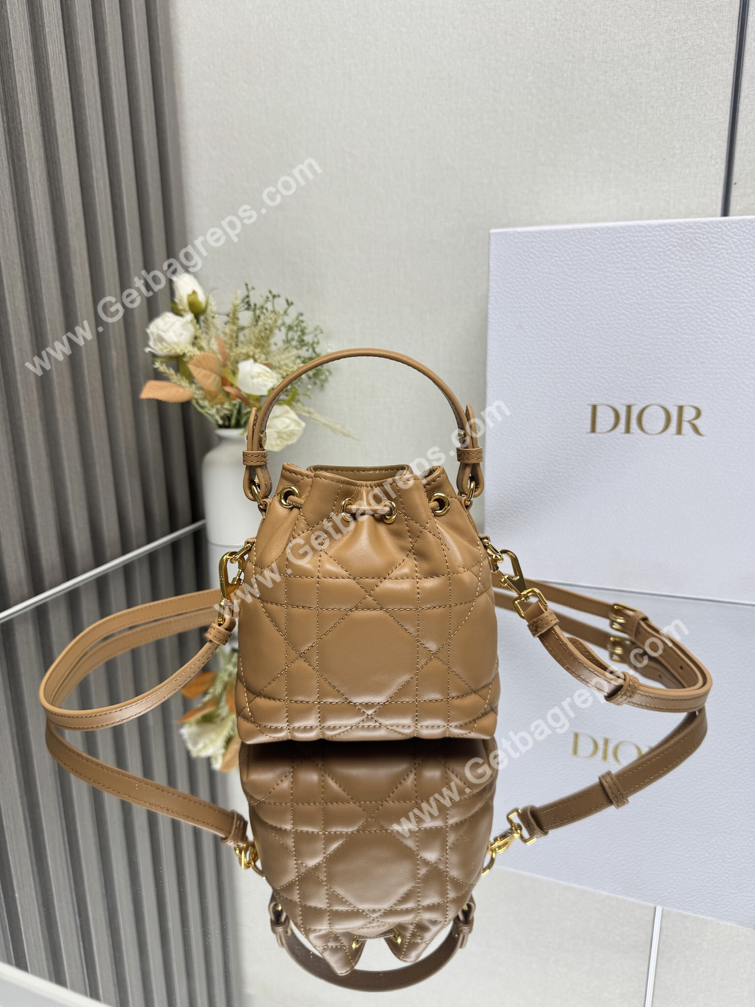 Small Dior Caro Bucket Bag Light Gold