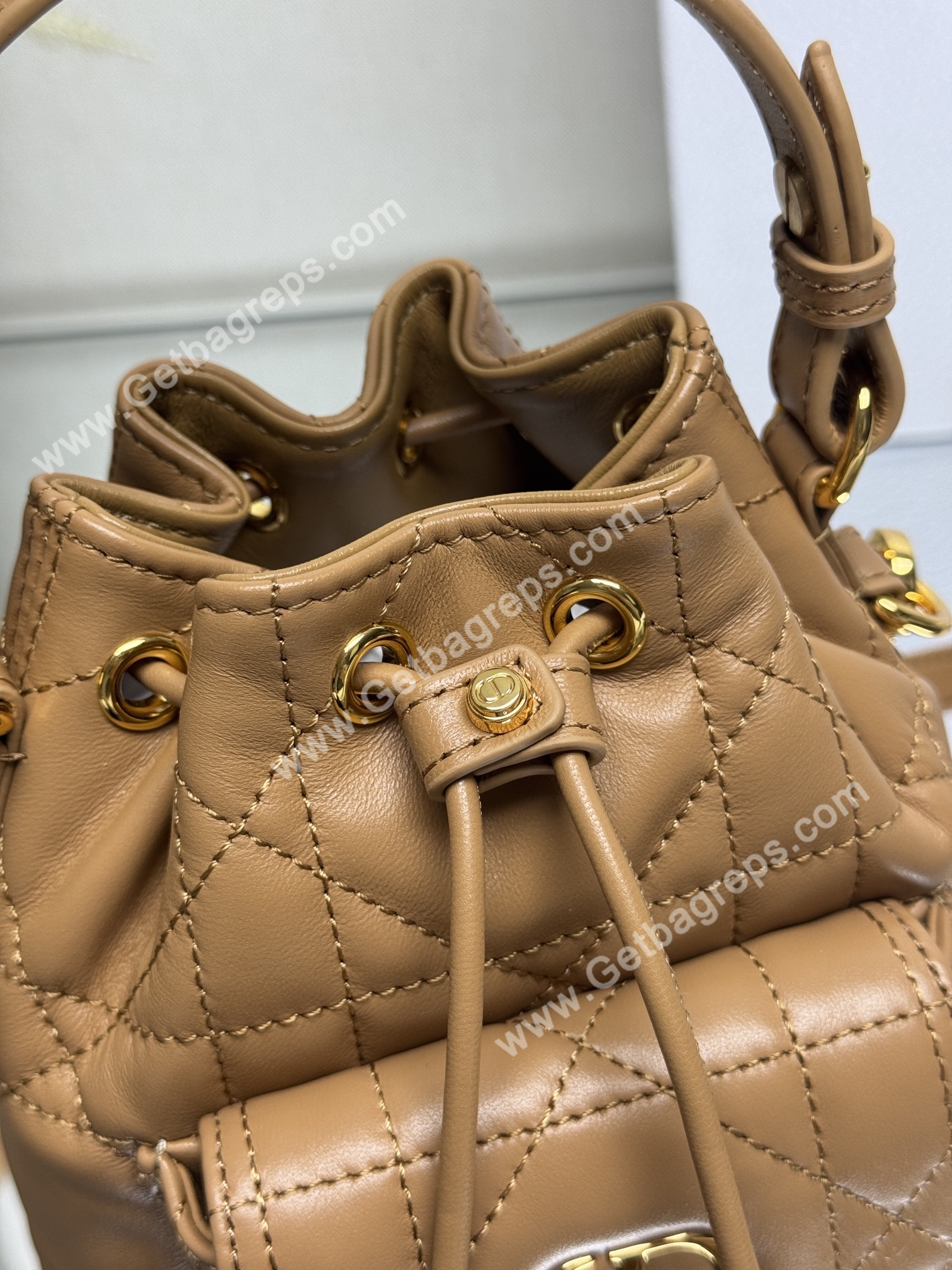 Small Dior Caro Bucket Bag Light Gold