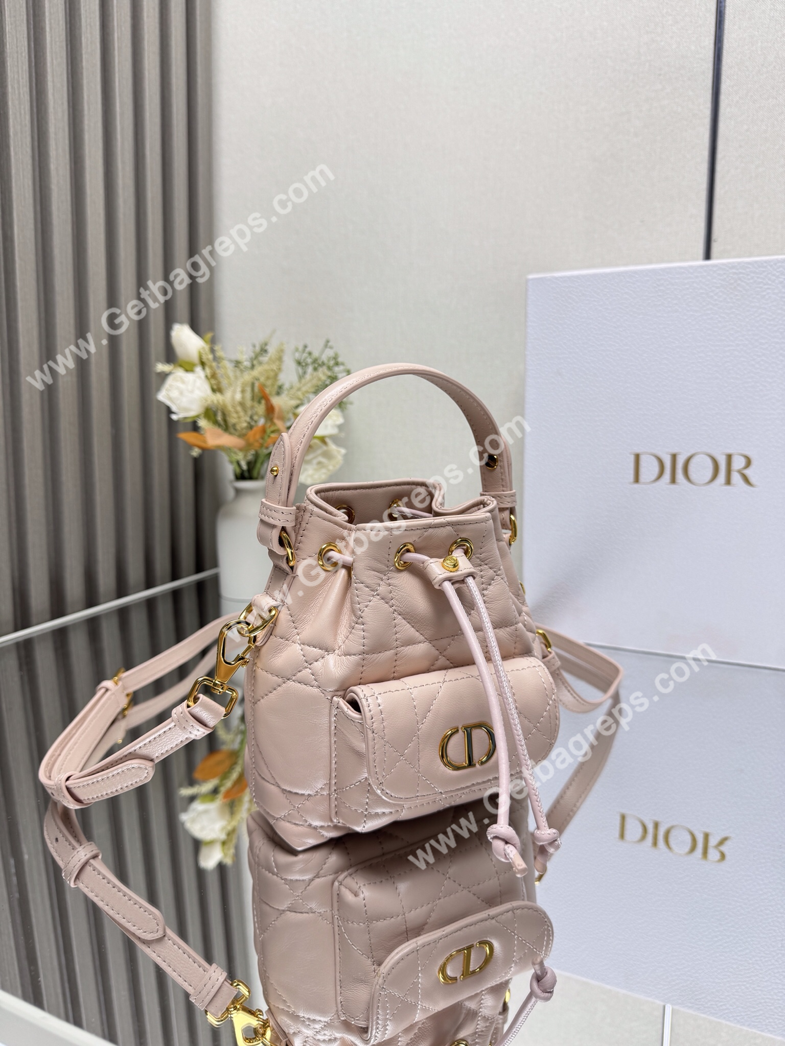Small Dior Caro Bucket Bag Pink