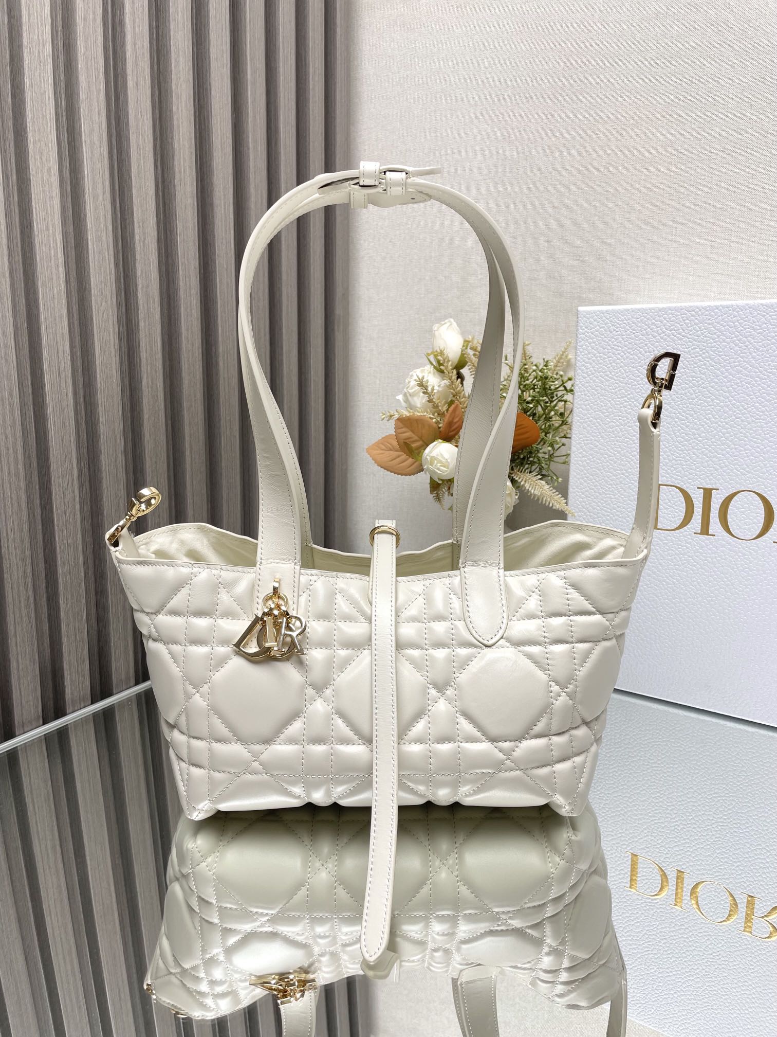 Small Dior Toujours Bag White Macrocannage Calfskin