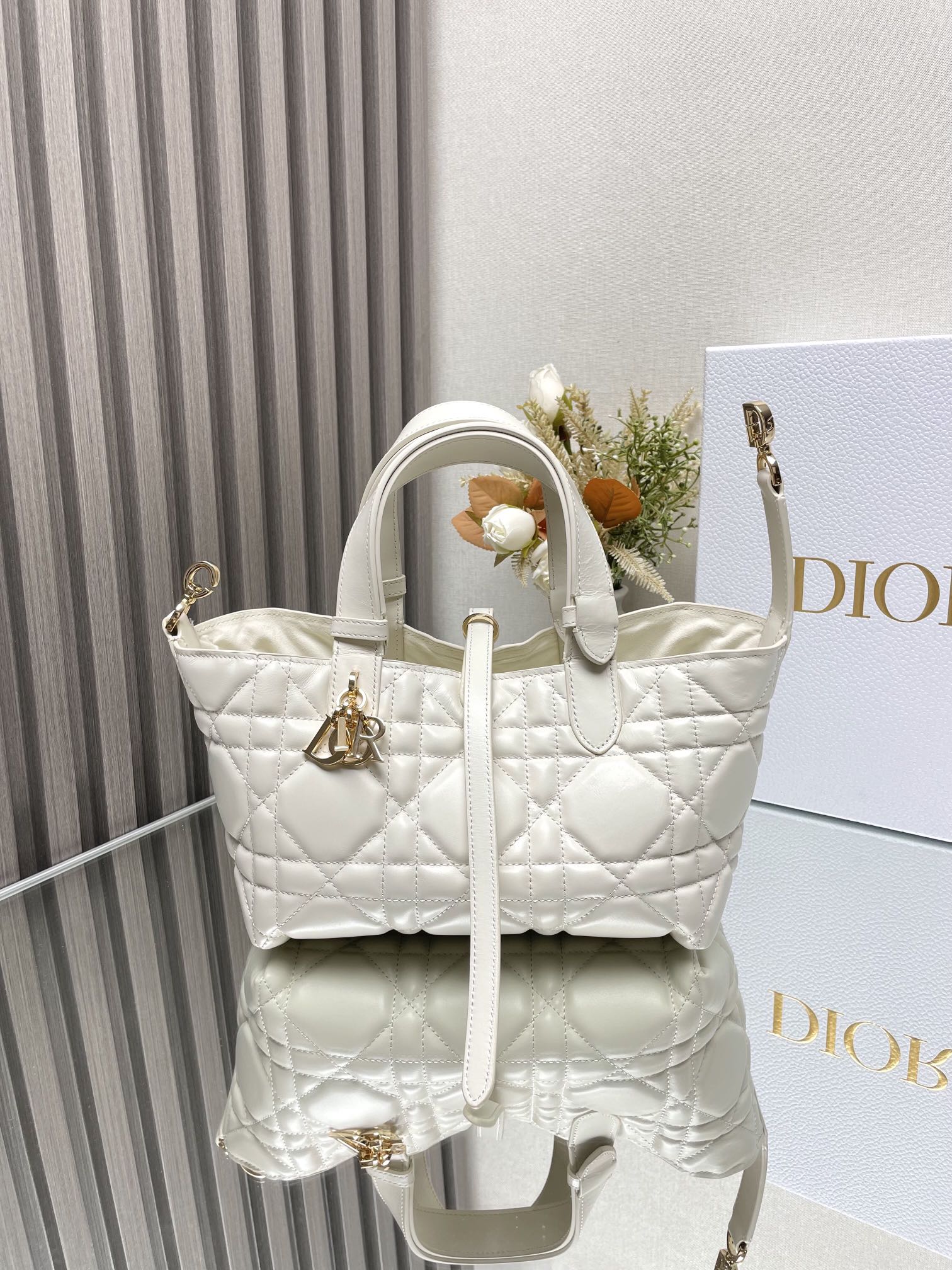 Small Dior Toujours Bag White Macrocannage Calfskin