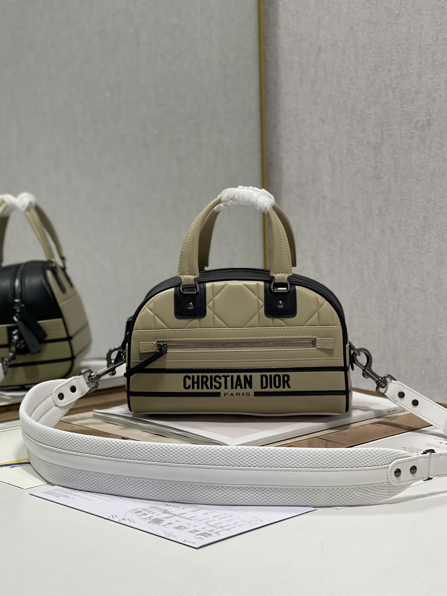 Small Dior Vibe Zip Bowling Bag Beige and Black Smooth Calfskin