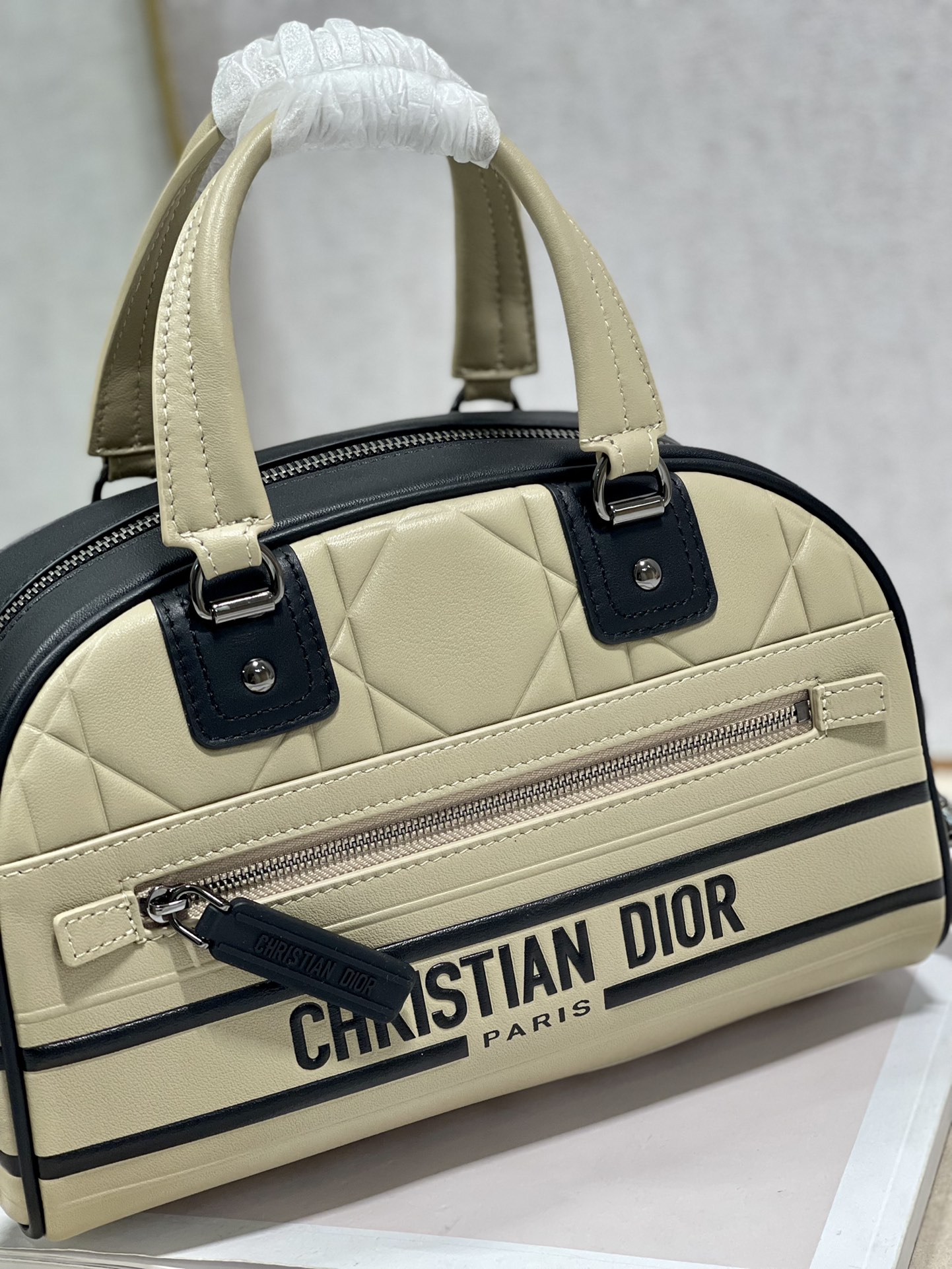 Small Dior Vibe Zip Bowling Bag Beige and Black Smooth Calfskin