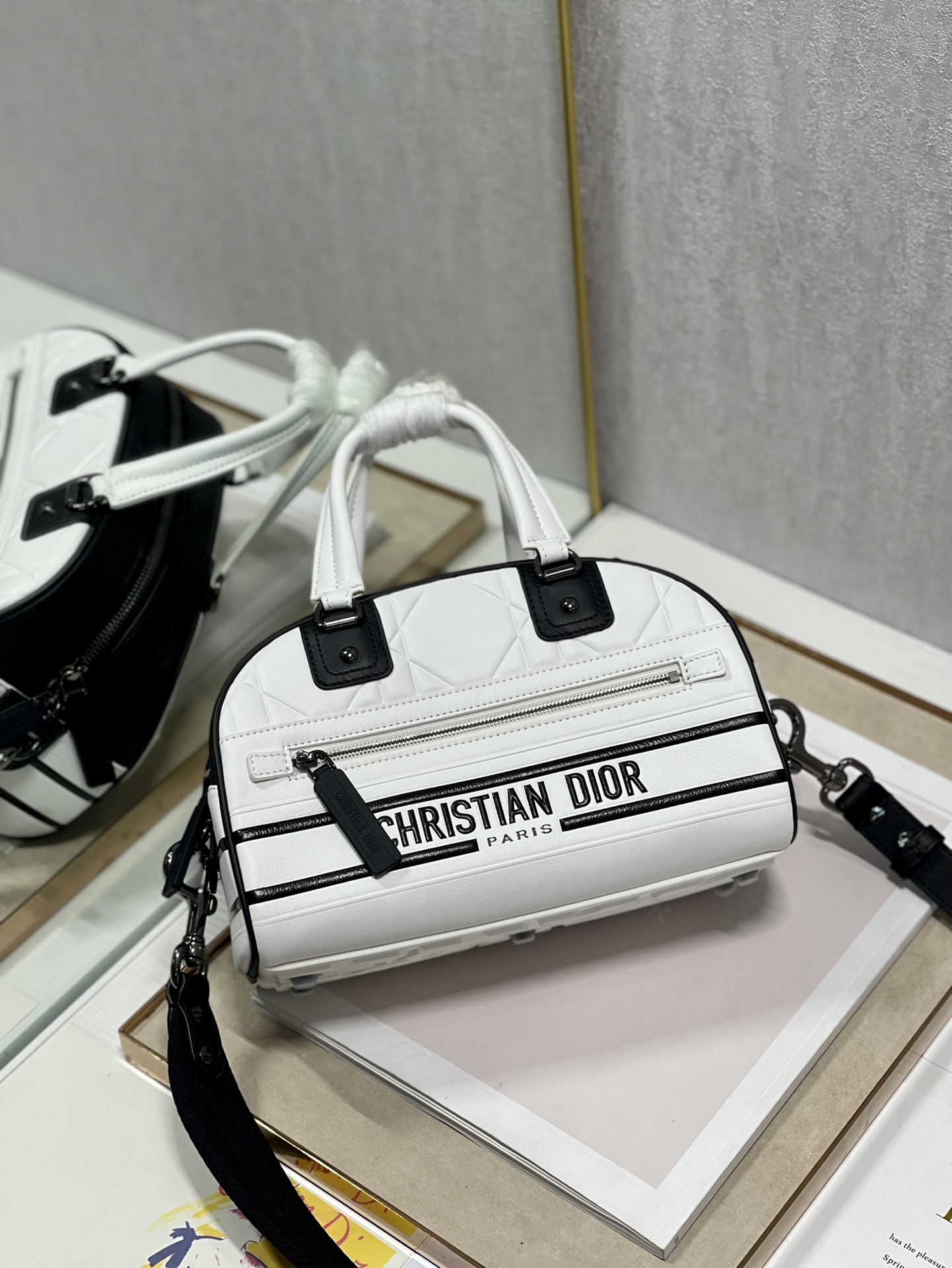Small Dior Vibe Zip Bowling Bag White and Black Smooth Calfskin
