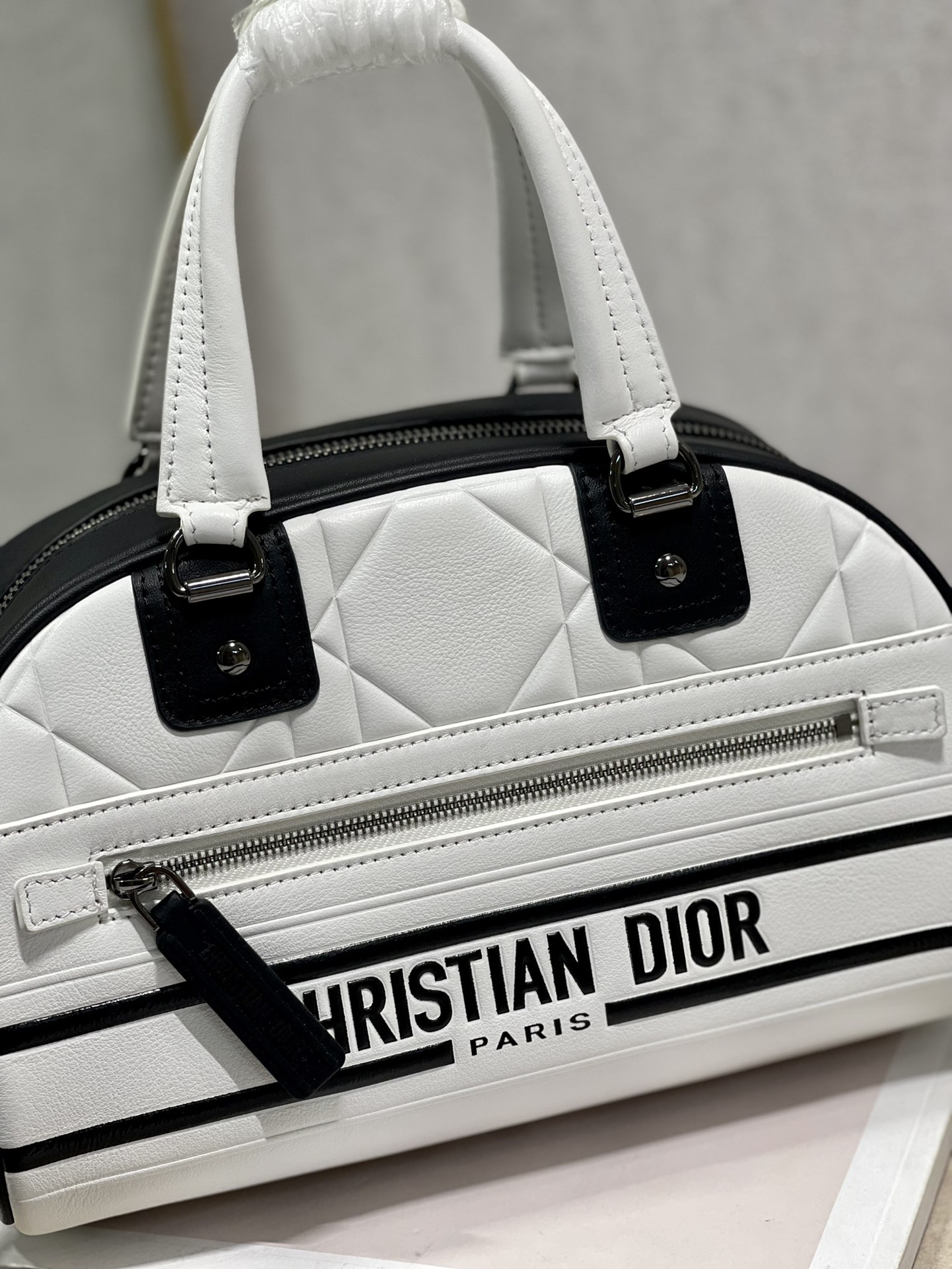 Small Dior Vibe Zip Bowling Bag White and Black Smooth Calfskin