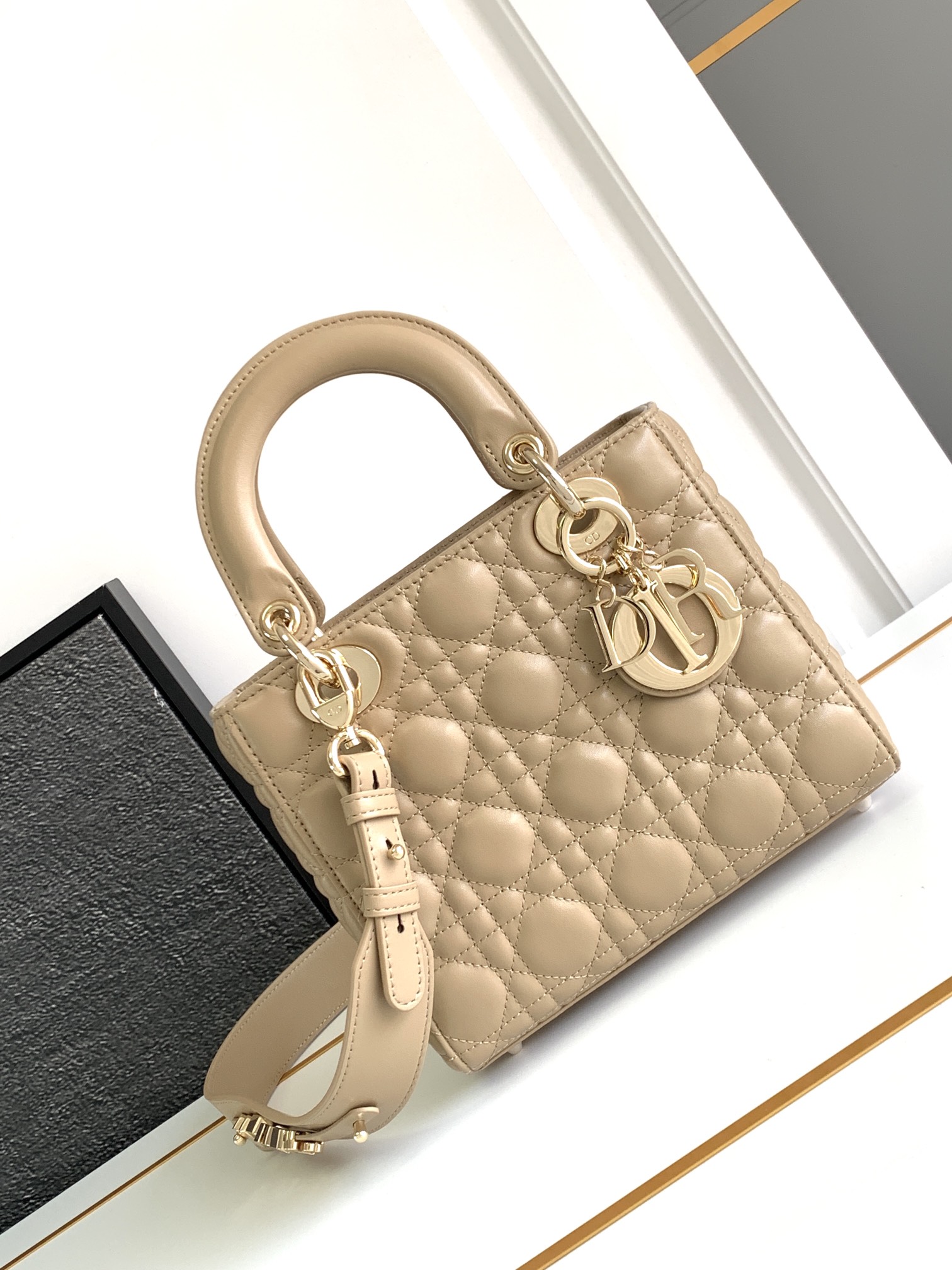 Small Lady Dior Bag Lambskin Biscuit Color With Gold Hardware 20cm