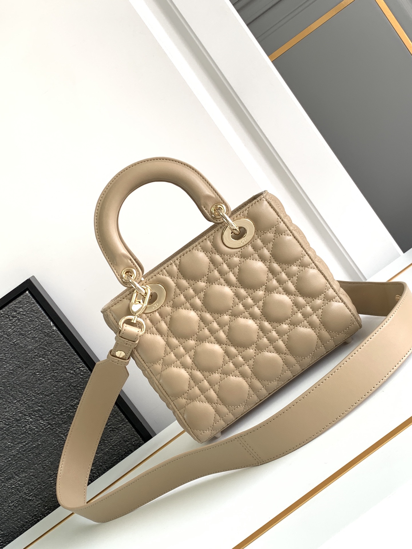 Small Lady Dior Bag Lambskin Biscuit Color With Gold Hardware 20cm