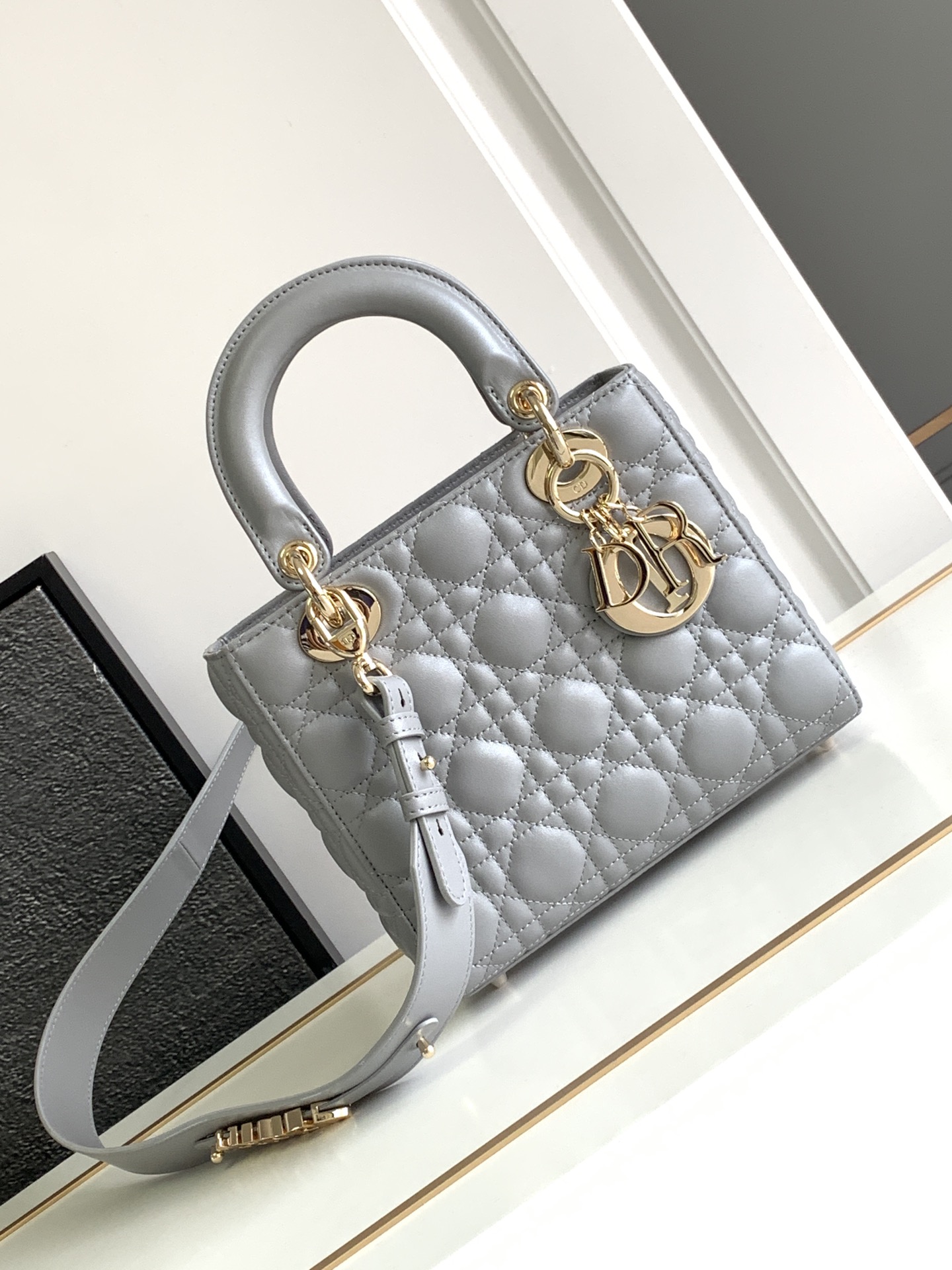 Small Lady Dior Bag Lambskin Pearlescent Gray With Gold Hardware 20cm