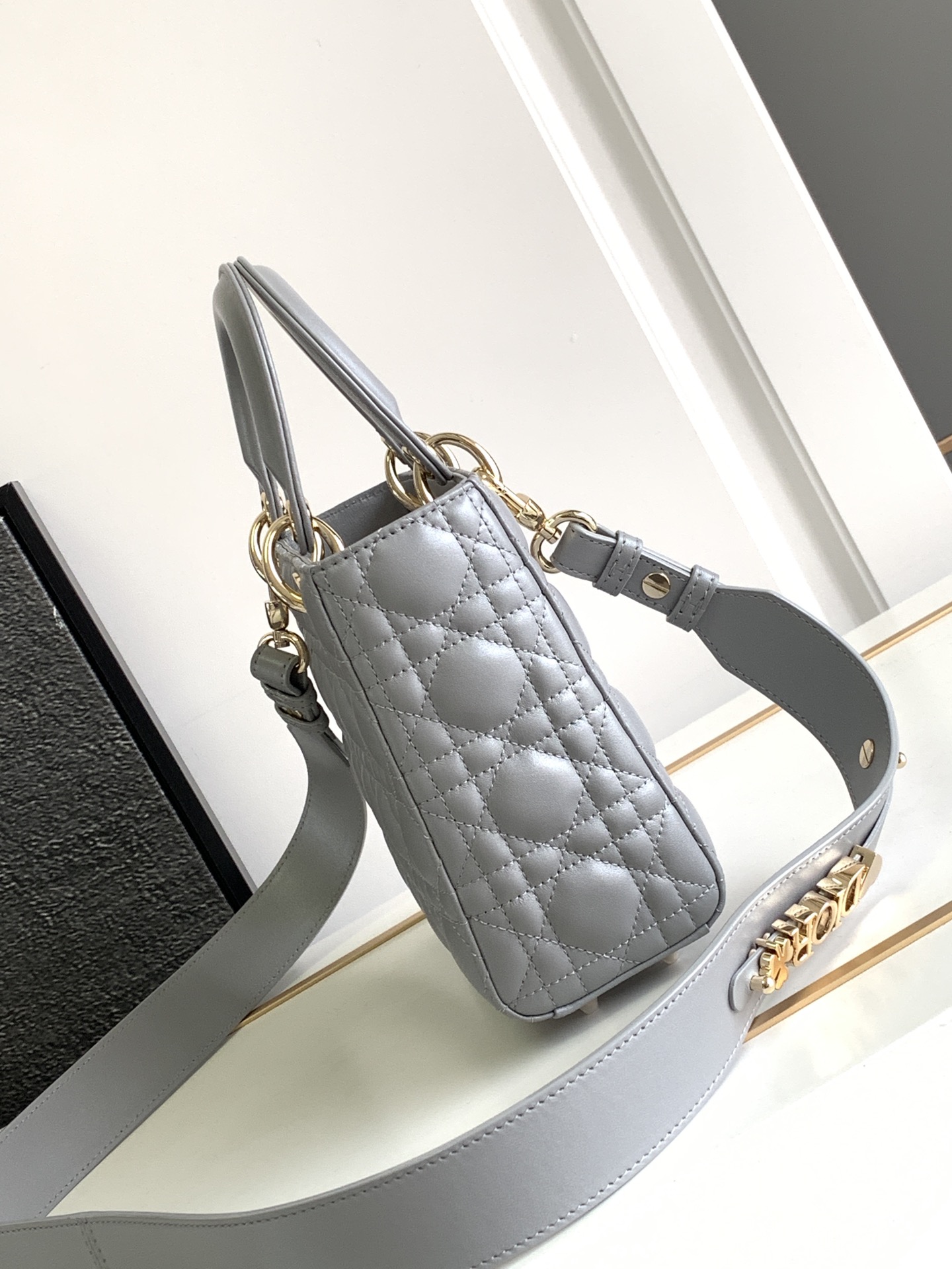 Small Lady Dior Bag Lambskin Pearlescent Gray With Gold Hardware 20cm