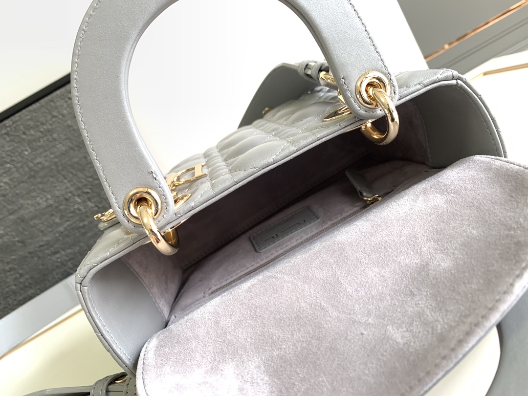 Small Lady Dior Bag Lambskin Pearlescent Gray With Gold Hardware 20cm