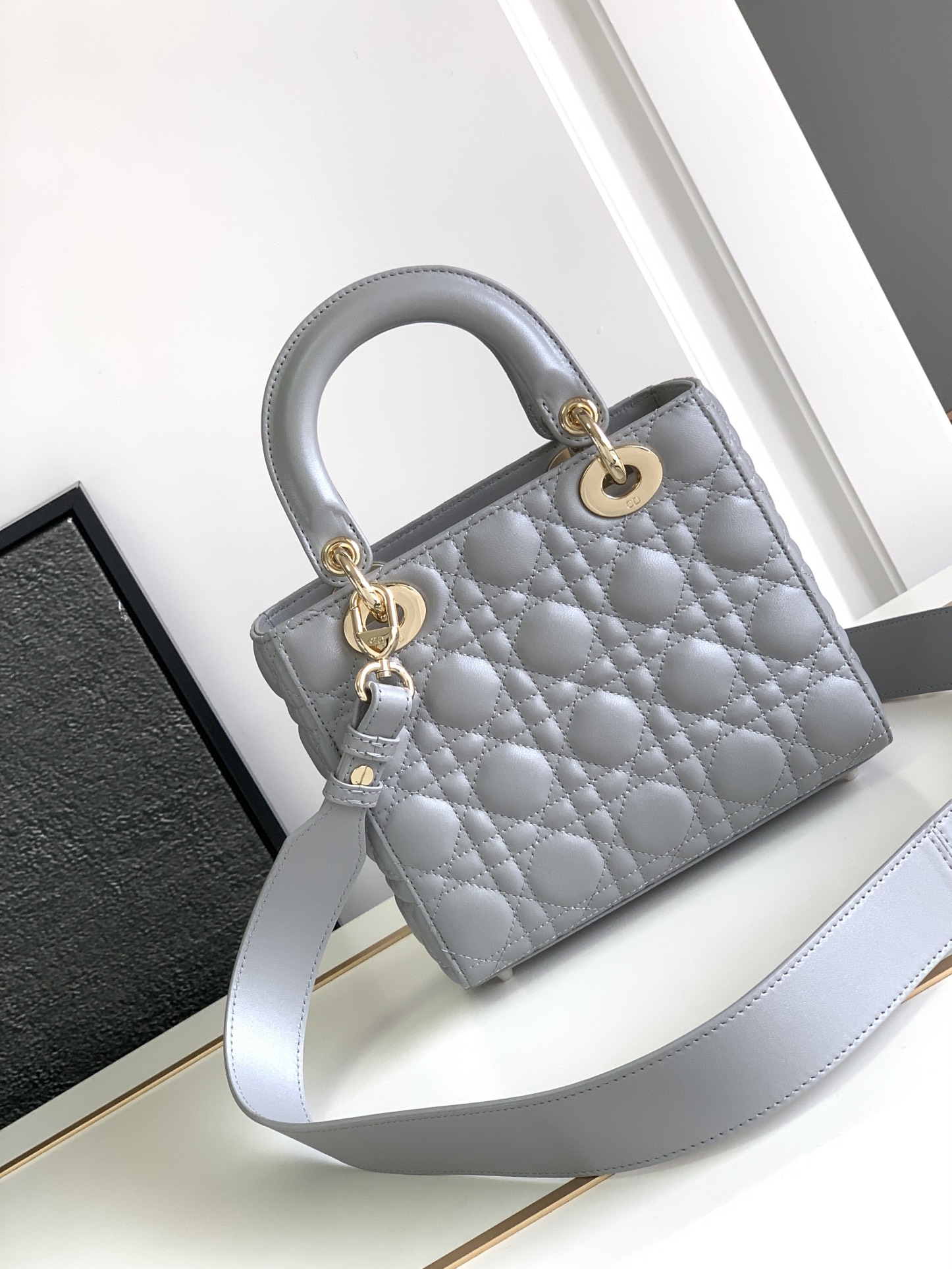 Small Lady Dior Bag Lambskin Pearlescent Gray With Gold Hardware 20cm