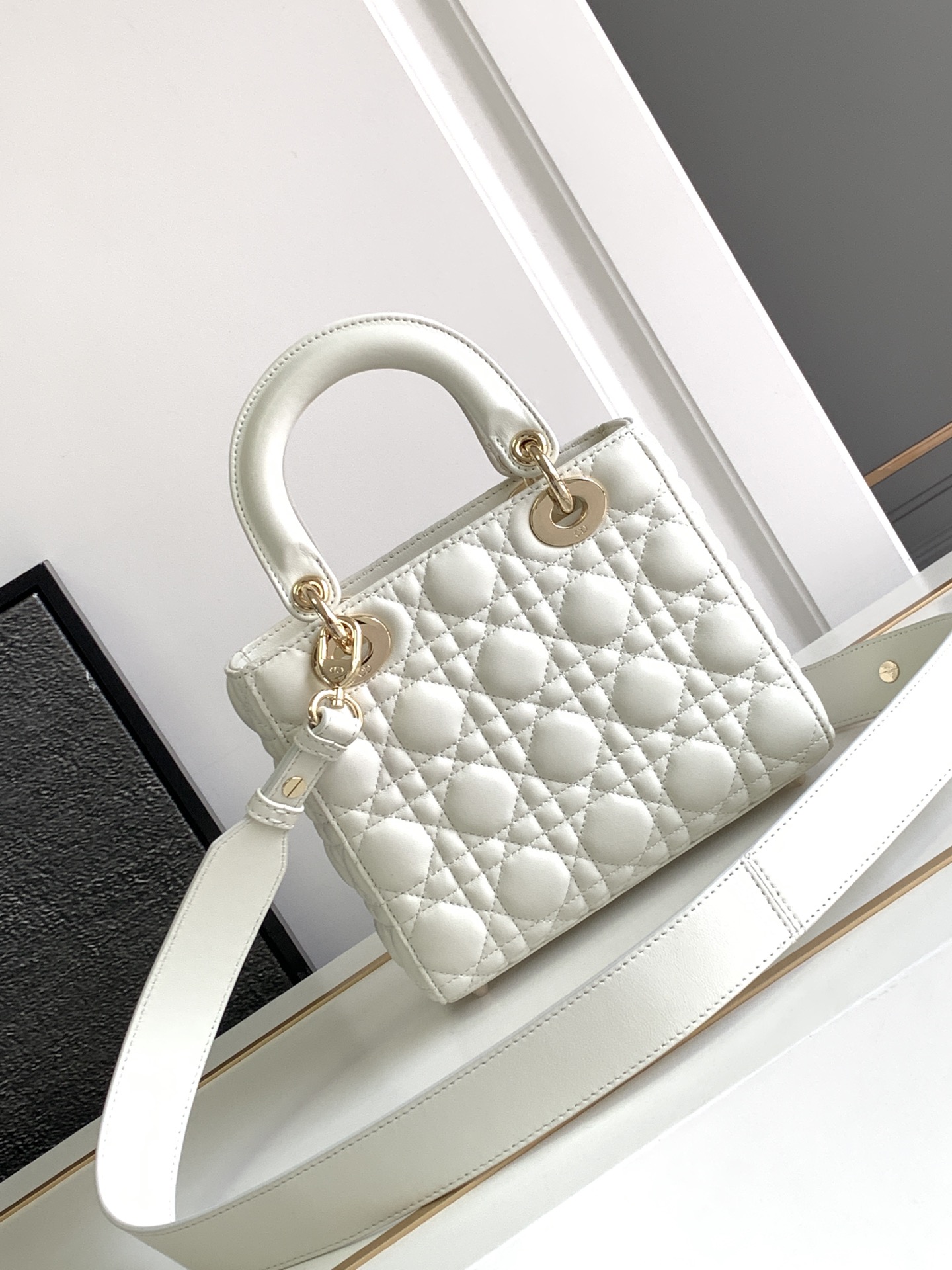 Small Lady Dior Bag Lambskin White With Gold Hardware 20cm