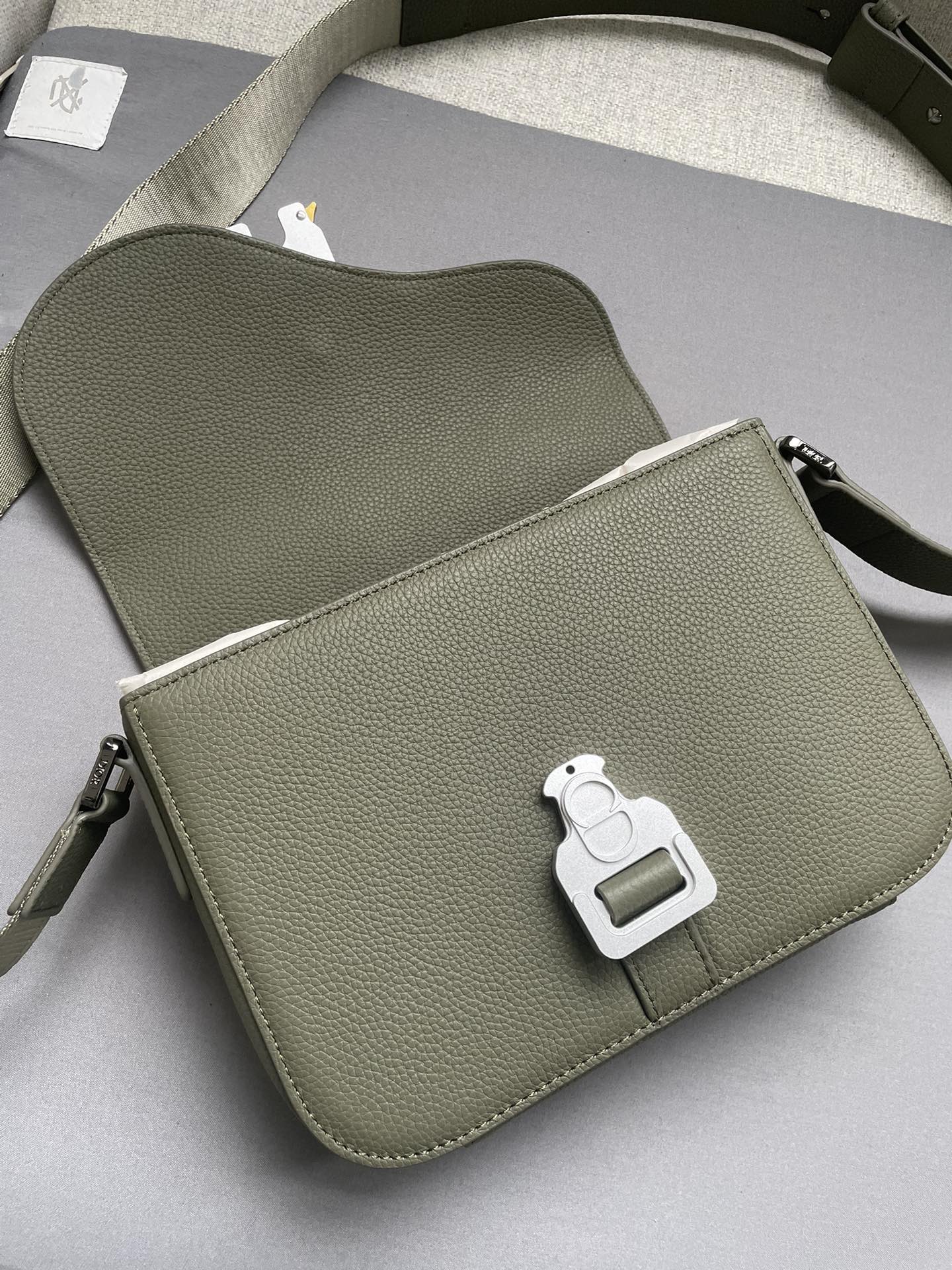 Small Saddle Messenger Bag with Flap Khaki Grained Calfskin