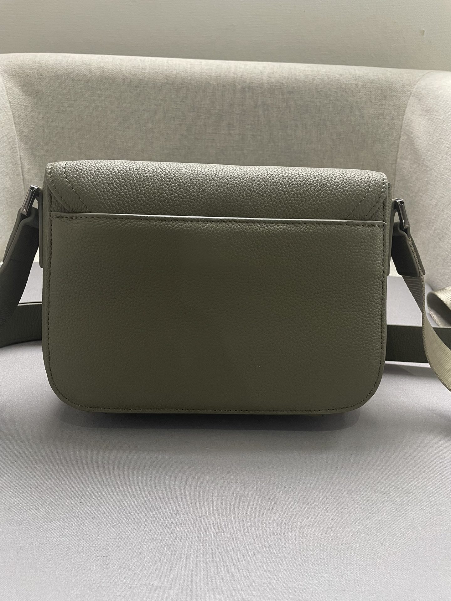 Small Saddle Messenger Bag with Flap Khaki Grained Calfskin