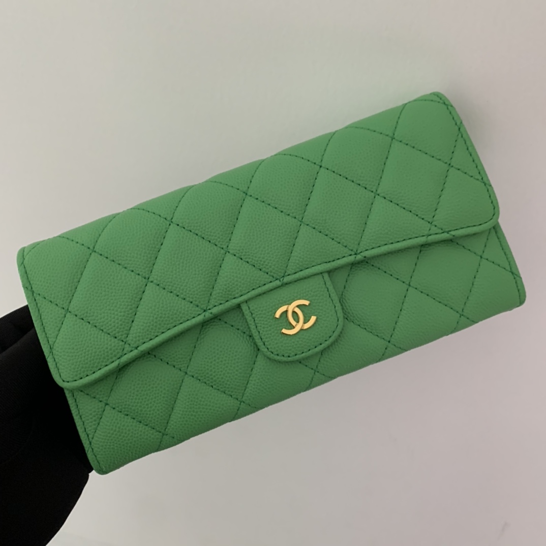 Top Quality Chaenl 80758 Classic Long Flap Wallet Green With Gold