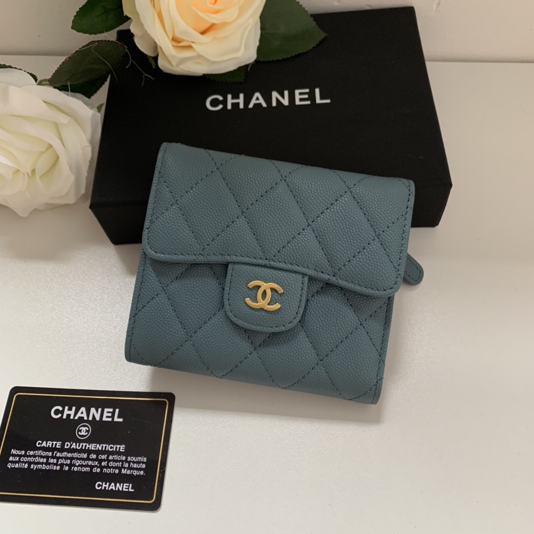 Top Quality Chaenl 82288 Classic Small Flap Wallet Blue With Gold