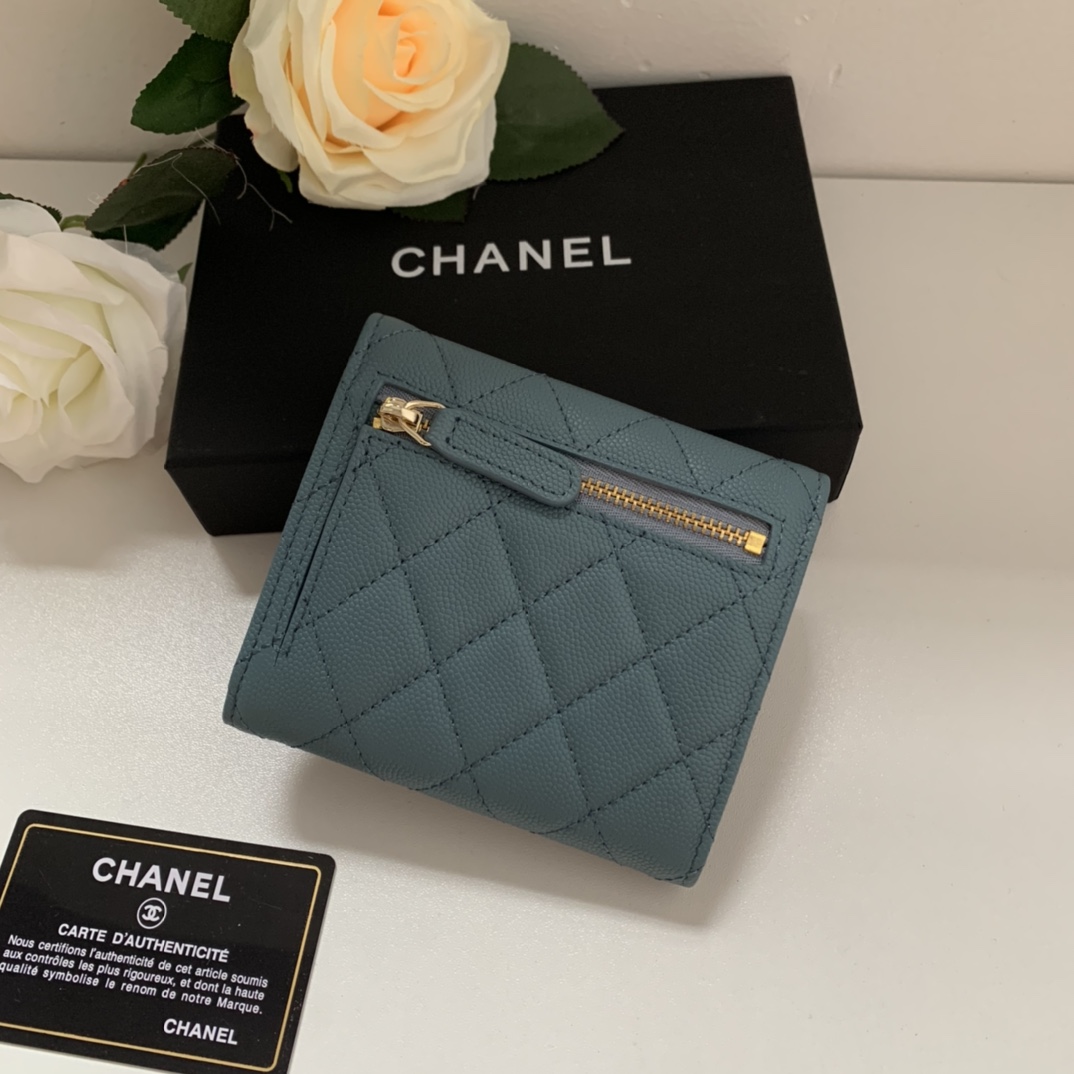 Top Quality Chaenl 82288 Classic Small Flap Wallet Blue With Gold