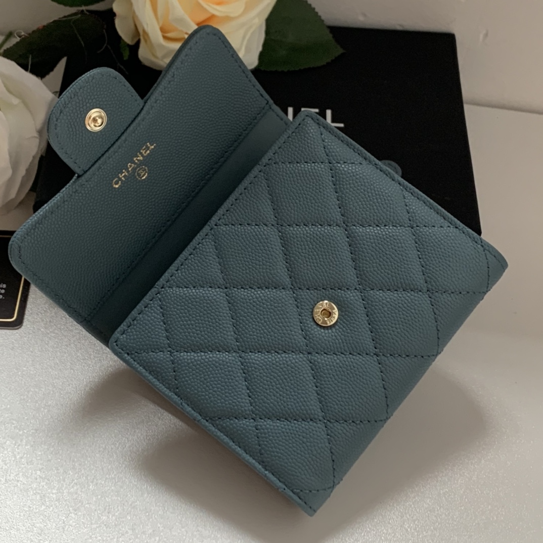 Top Quality Chaenl 82288 Classic Small Flap Wallet Blue With Gold