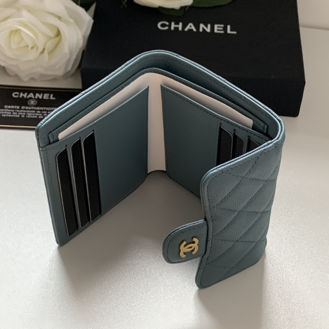 Top Quality Chaenl 82288 Classic Small Flap Wallet Blue With Gold