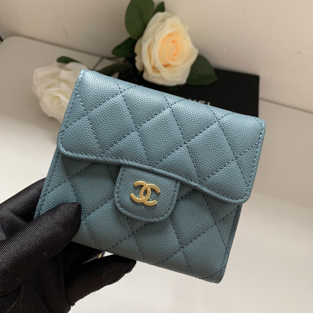 Top Quality Chaenl 82288 Classic Small Flap Wallet Blue With Gold