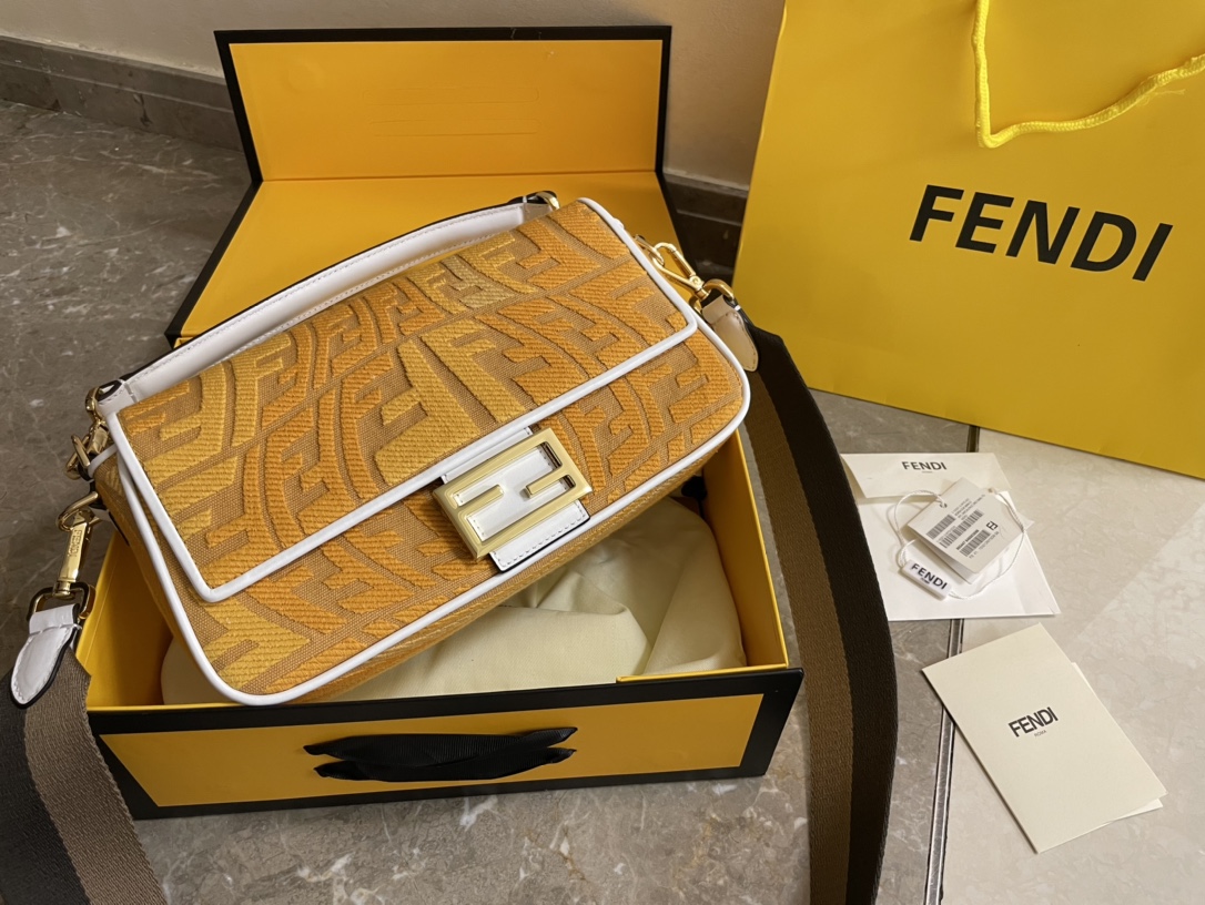 Top Quality Fendi Baguette Embroidered Yellow Canvas Bag