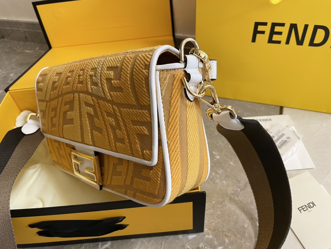 Top Quality Fendi Baguette Embroidered Yellow Canvas Bag