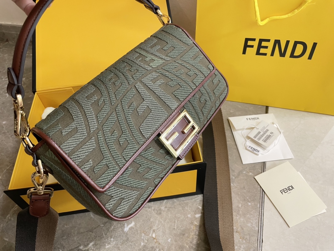 Top Quality Fendi Baguette Gray Embroidered Yellow Canvas Bag