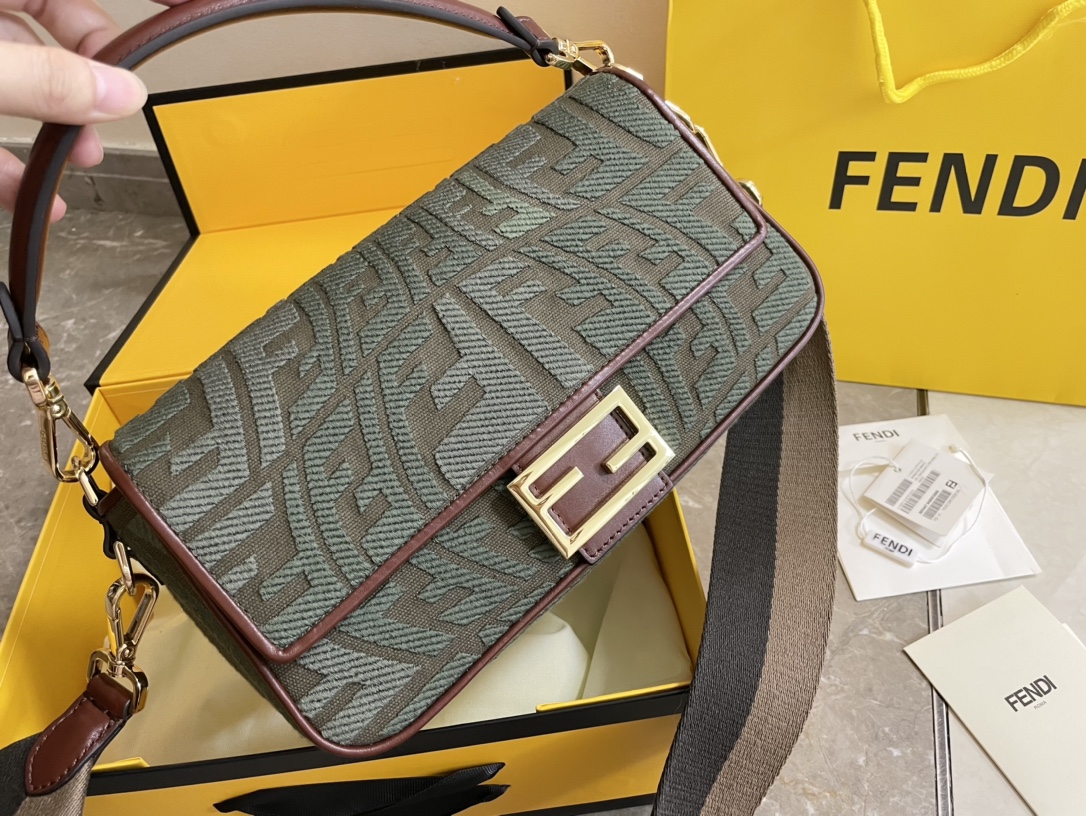 Top Quality Fendi Baguette Gray Embroidered Yellow Canvas Bag