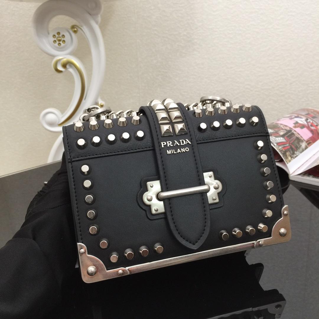 Top Quality Prada 1BD045 Cahier Studded Women Leather Bag Black