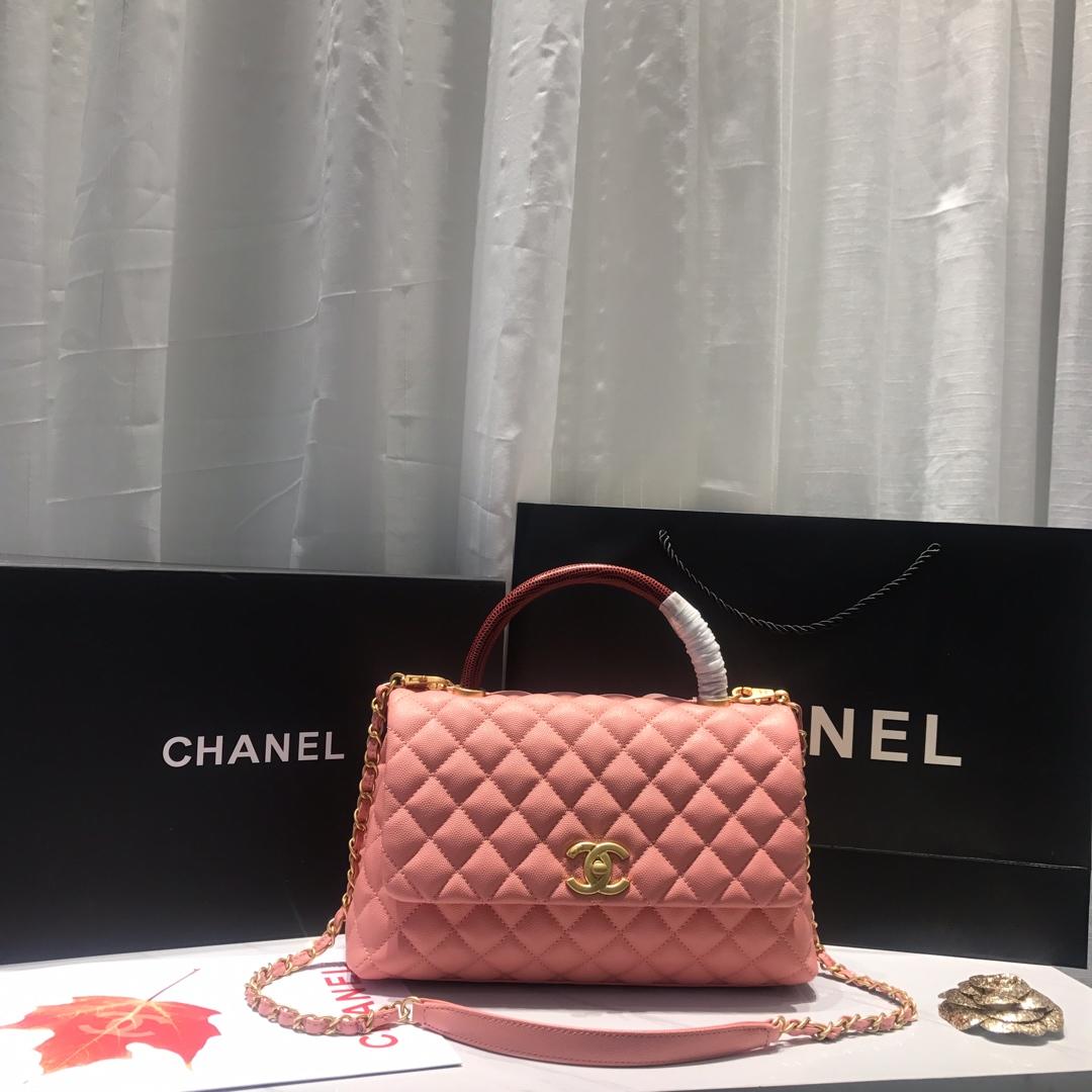 Top Replica Chanel A92994 CoCo Flap Bag With TOp Handle Grained Calfskin Lizard Embossed Calfskin Gold-Tone Metal Pink