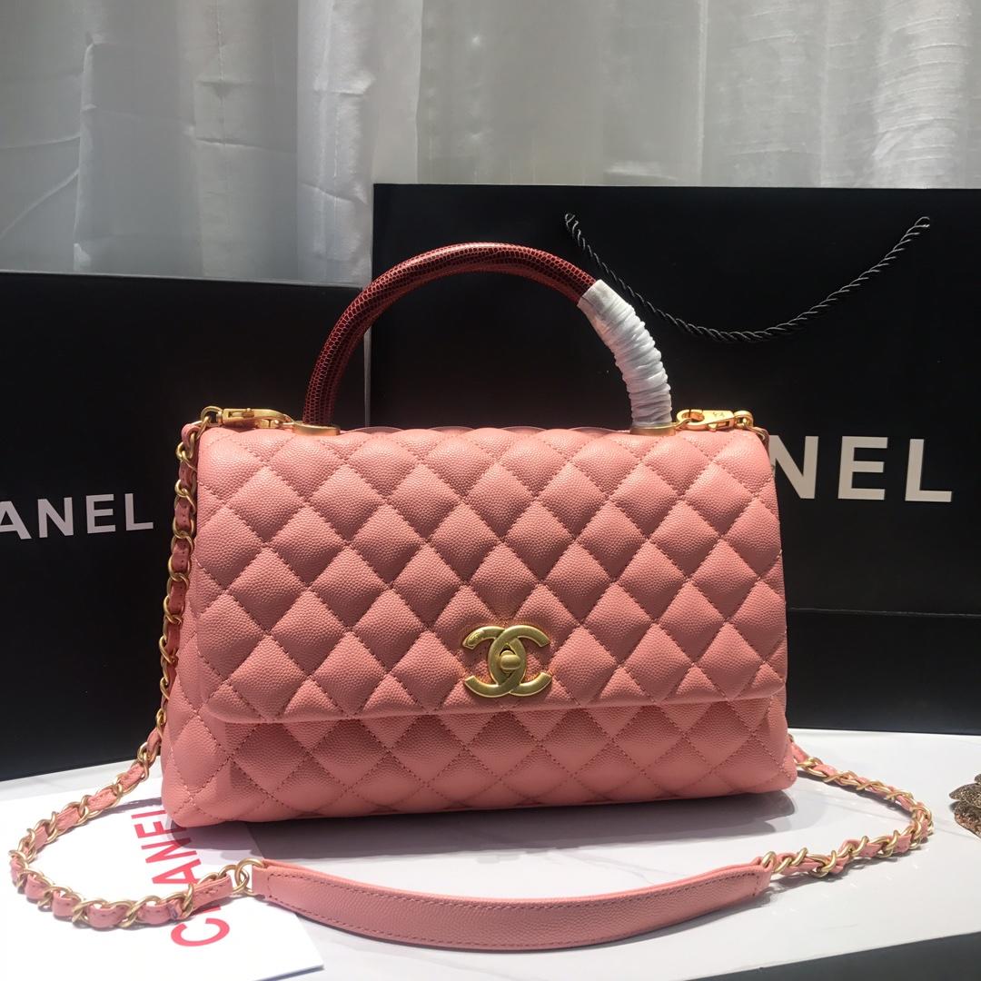 Top Replica Chanel A92994 CoCo Flap Bag With TOp Handle Grained Calfskin Lizard Embossed Calfskin Gold-Tone Metal Pink