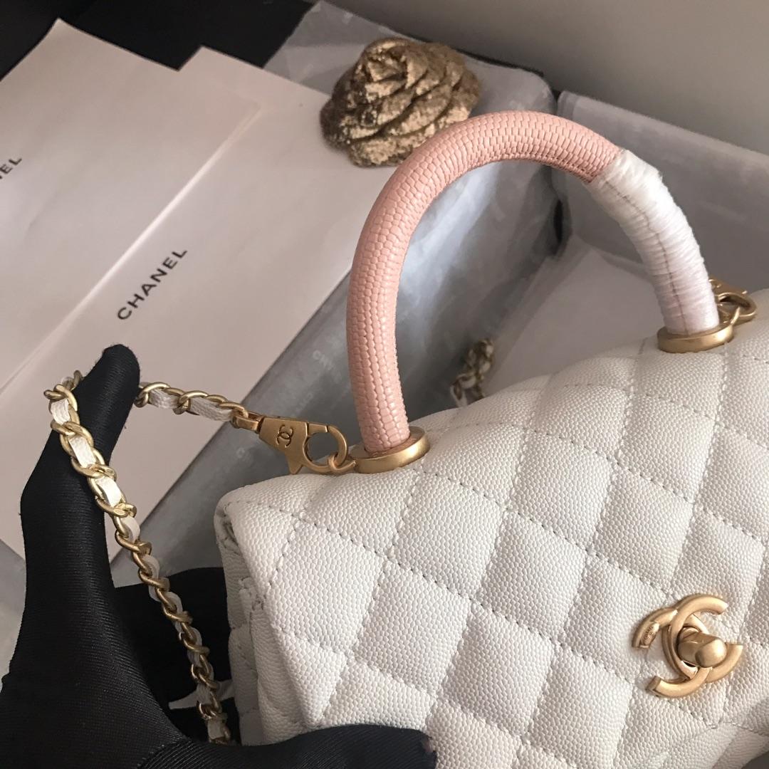 Top Replica Chanel A92994 CoCo Flap Bag With TOp Handle Grained Calfskin Lizard Embossed Calfskin Gold-Tone Metal White