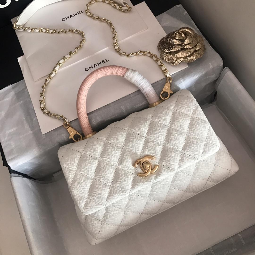 Top Replica Chanel A92994 CoCo Flap Bag With TOp Handle Grained Calfskin Lizard Embossed Calfskin Gold-Tone Metal White