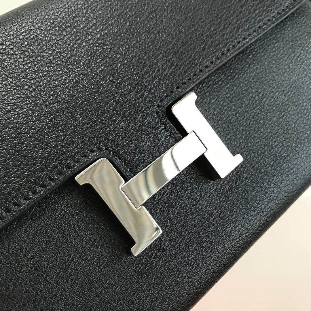 Top Replica HERMES Constance Long Wallet Gris Asphalt Epsom Black with Silver-Tone Metal