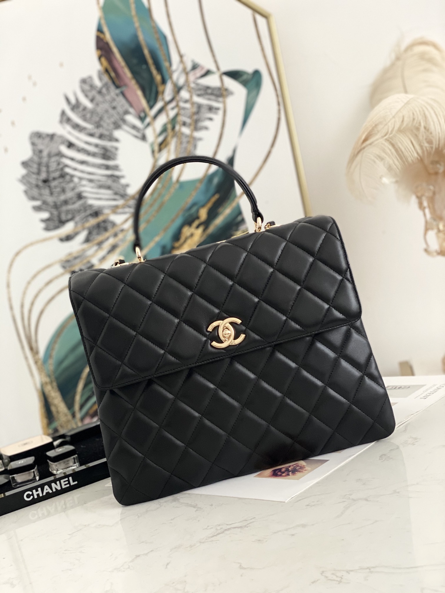 Top Sale Chanel Flap Bag with Top Handle Lambskin Gold-tone Meta Black 33cm