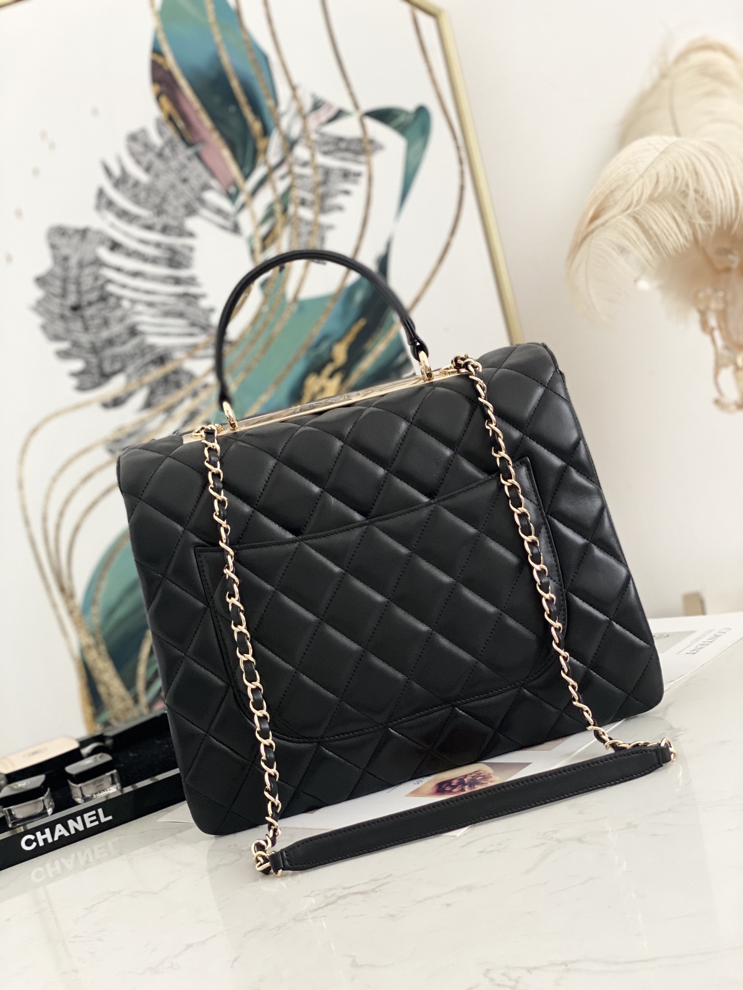 Top Sale Chanel Flap Bag with Top Handle Lambskin Gold-tone Meta Black 33cm