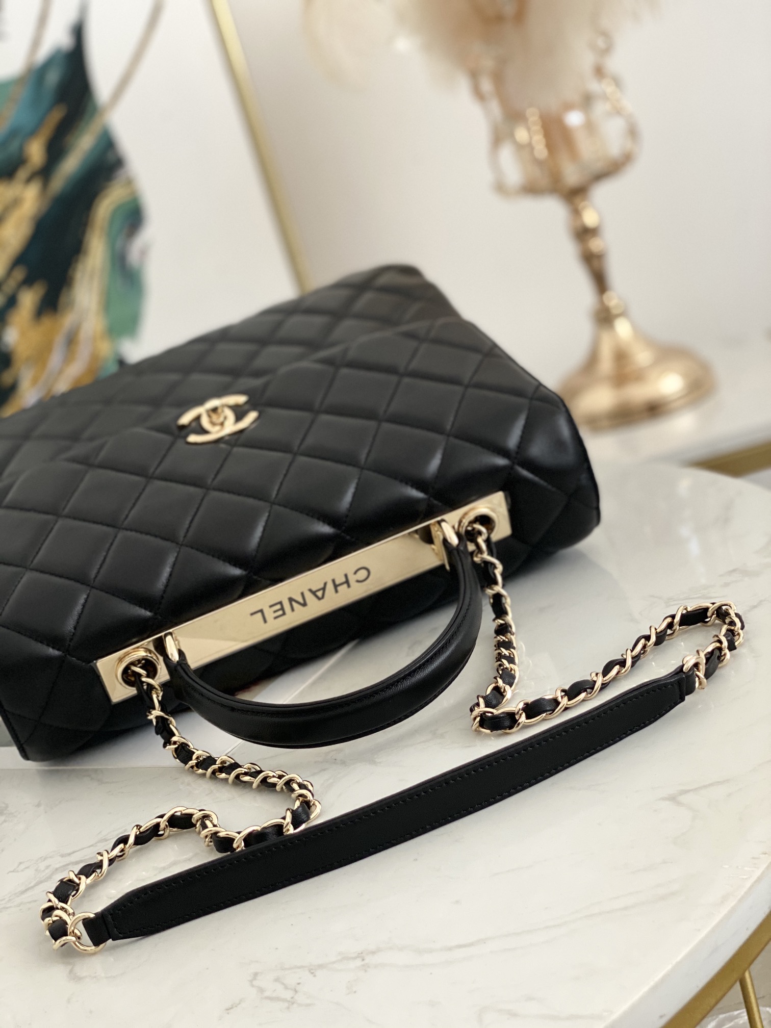 Top Sale Chanel Flap Bag with Top Handle Lambskin Gold-tone Meta Black 33cm