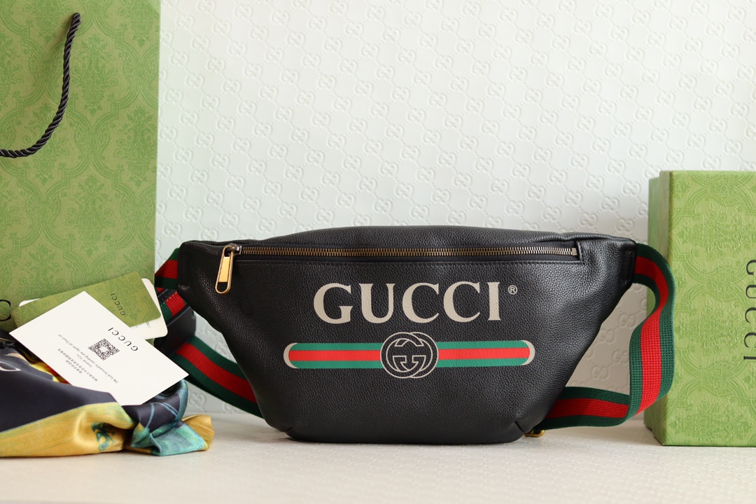 Top Sale Gucci Grained Calfskin Gucci Print Belt Bag Black 226591 In UK Replica