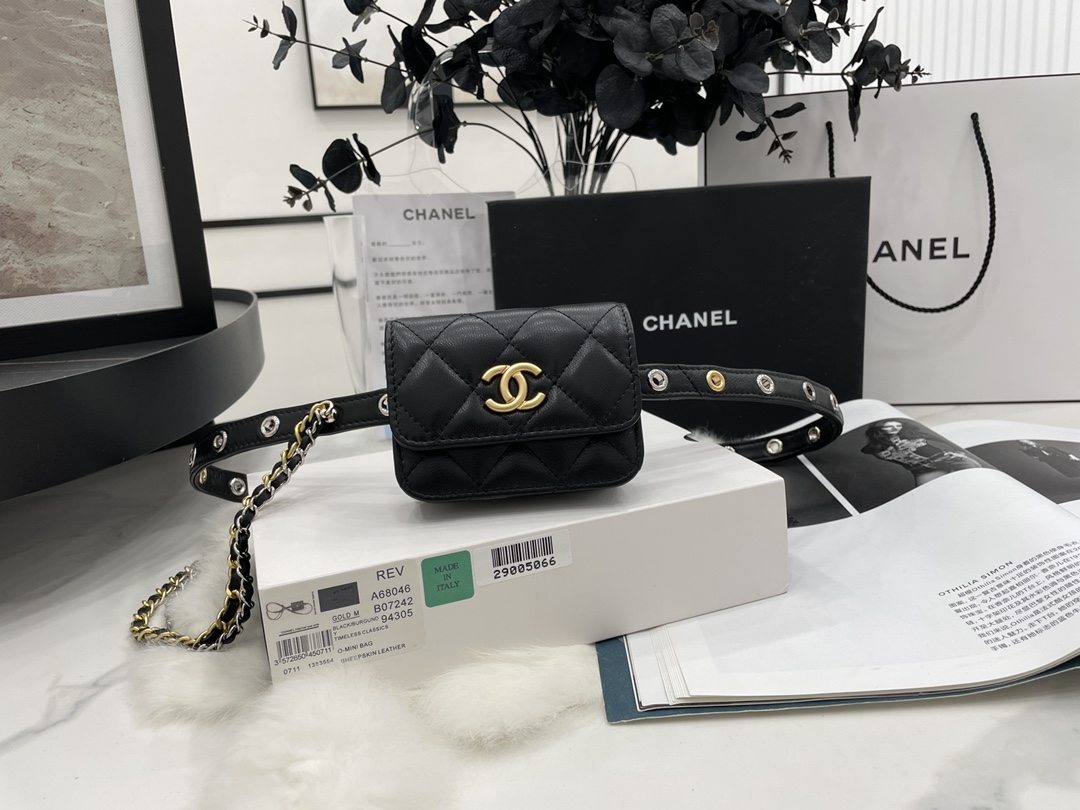 Unique Style Chanel Belt Bag Goatskin Gold-Tone Silver-Tone  Metal Black AP2549 Ruthenium-FinishRuthenium-Finish