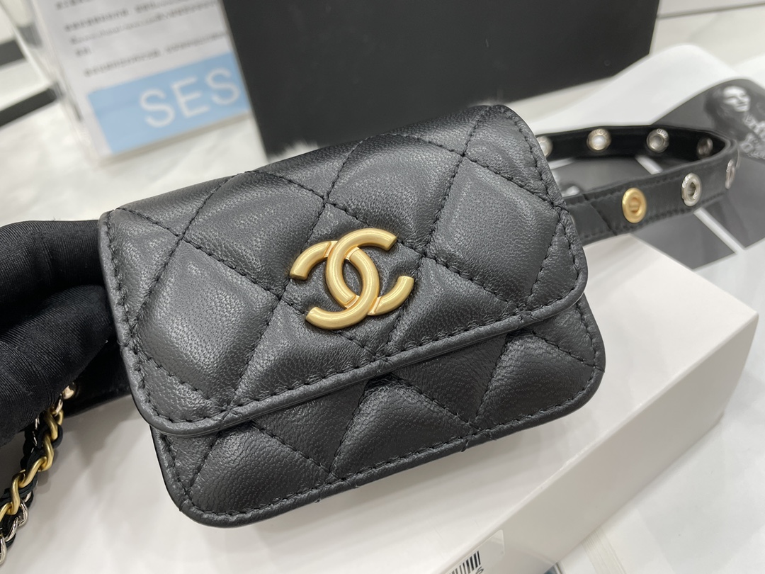 Unique Style Chanel Belt Bag Goatskin Gold-Tone Silver-Tone  Metal Black AP2549 Ruthenium-FinishRuthenium-Finish