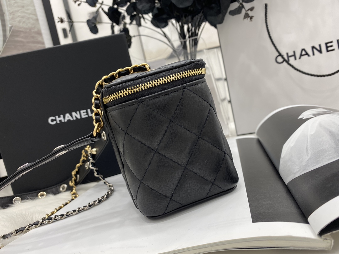 Unique Style Chanel Vanity With Chain Goatskin Gold-Tone Silver-Tone Ruthenium-Finish Metal Black AP2550 Replica