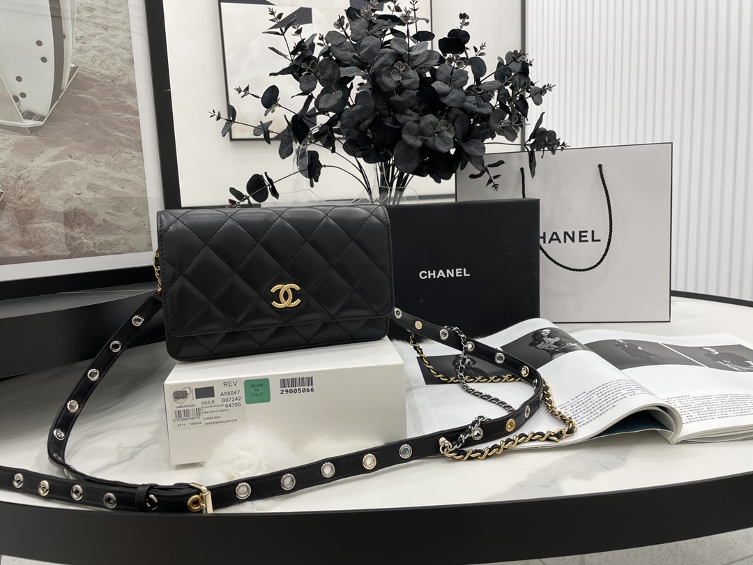 Unique Style Chanel Wallet On Chain Goatskin Gold-Tone  Silver-Tone  Ruthenium-Finish Metal Black  AP2548 Replica